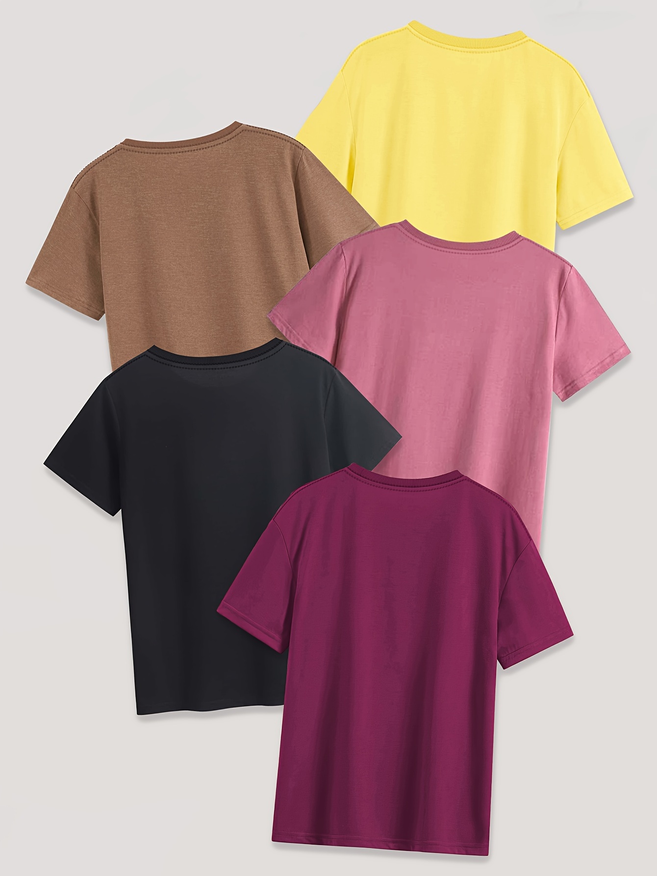 5-Pack Crew Neck T-Shirts with Cartoon Fruit & Vegetable Print - Casual Polyester Knit Fabric Tops - Regular Length, Stretchy Elastane Blend - All Season Graphic Tees