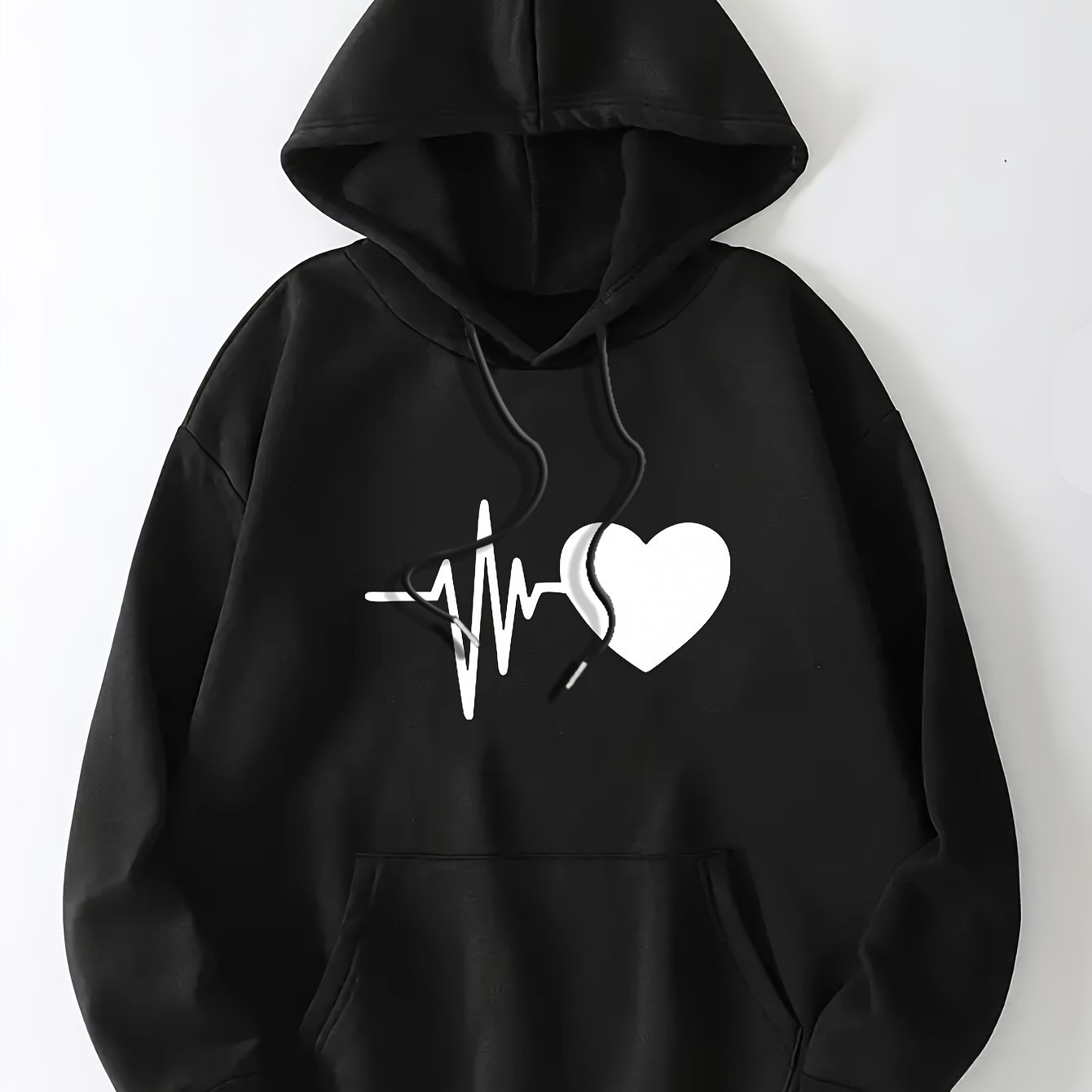 Heart Print Hoodie, Casual Kangaroo Pocket Long Sleeve Drawstring Hoodie For Fall & Winter, Women's Clothing