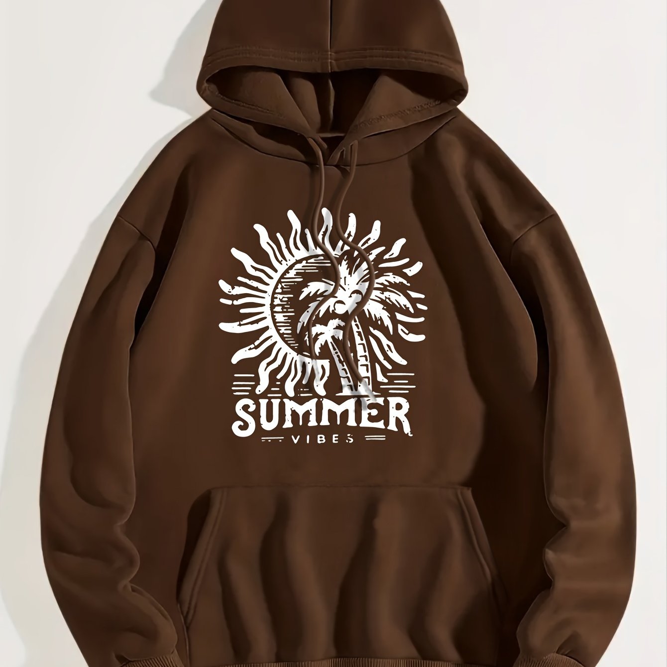 Art Letter & Sun Print Hoodie, Casual Kangaroo Pocket Long Sleeve Drop Shoulder Drawstring Hoodie For Fall & Winter, Women's Clothing