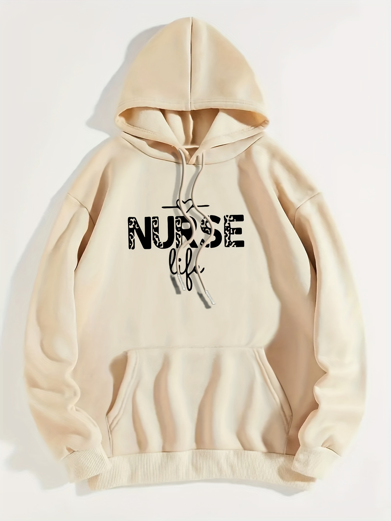 Art Letter Print Hoodie, Casual Kangaroo Pocket Long Sleeve Drop Shoulder Drawstring Hoodie For Fall & Winter, Women's Clothing