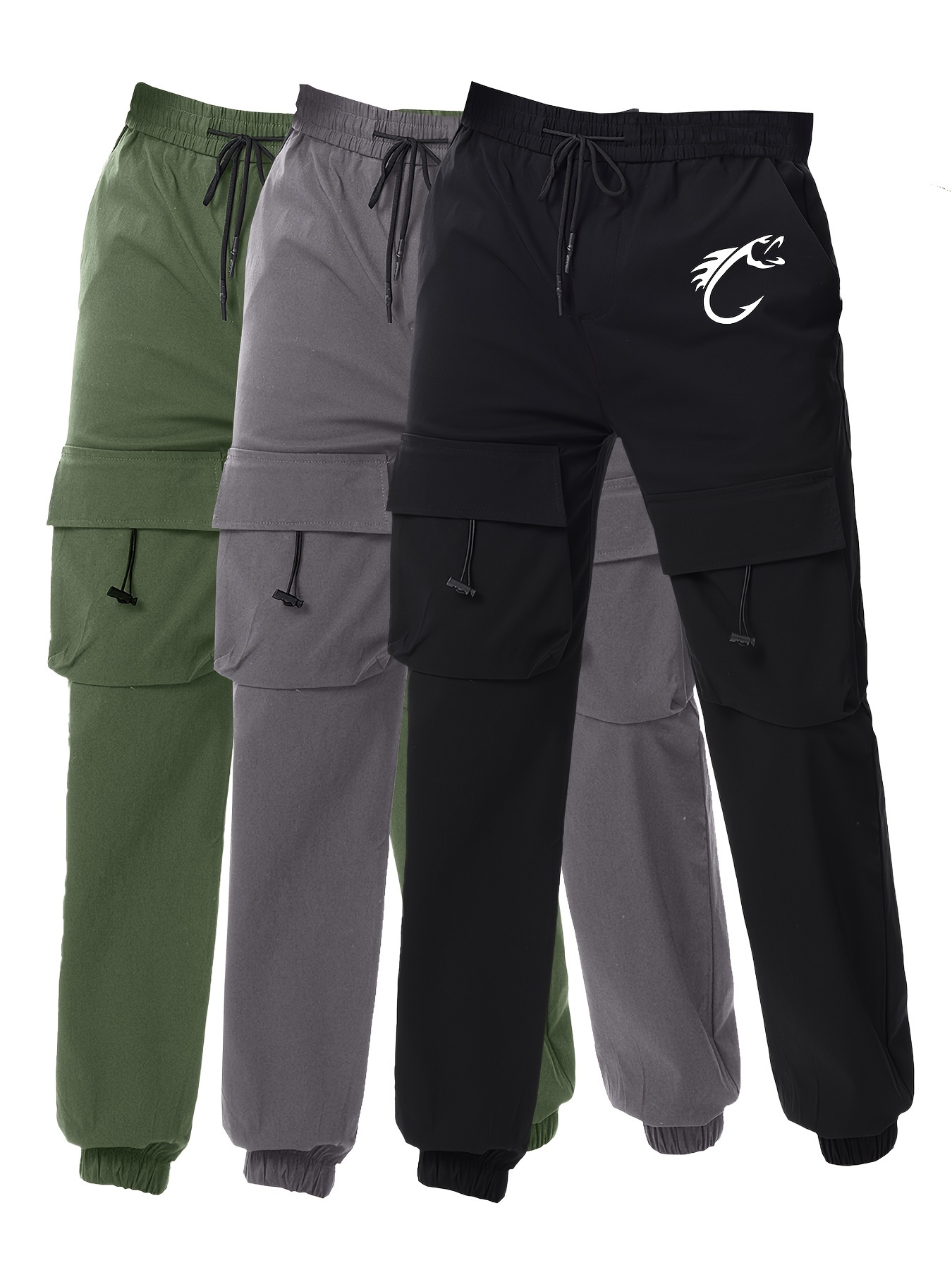 Fish Hook Pattern Print Men's Multi Pocket Drawstring Cargo Pants, Comfy Casual Cuffed Joggers Pants For Spring Summer Outdoor Fitness Holiday As Gifts