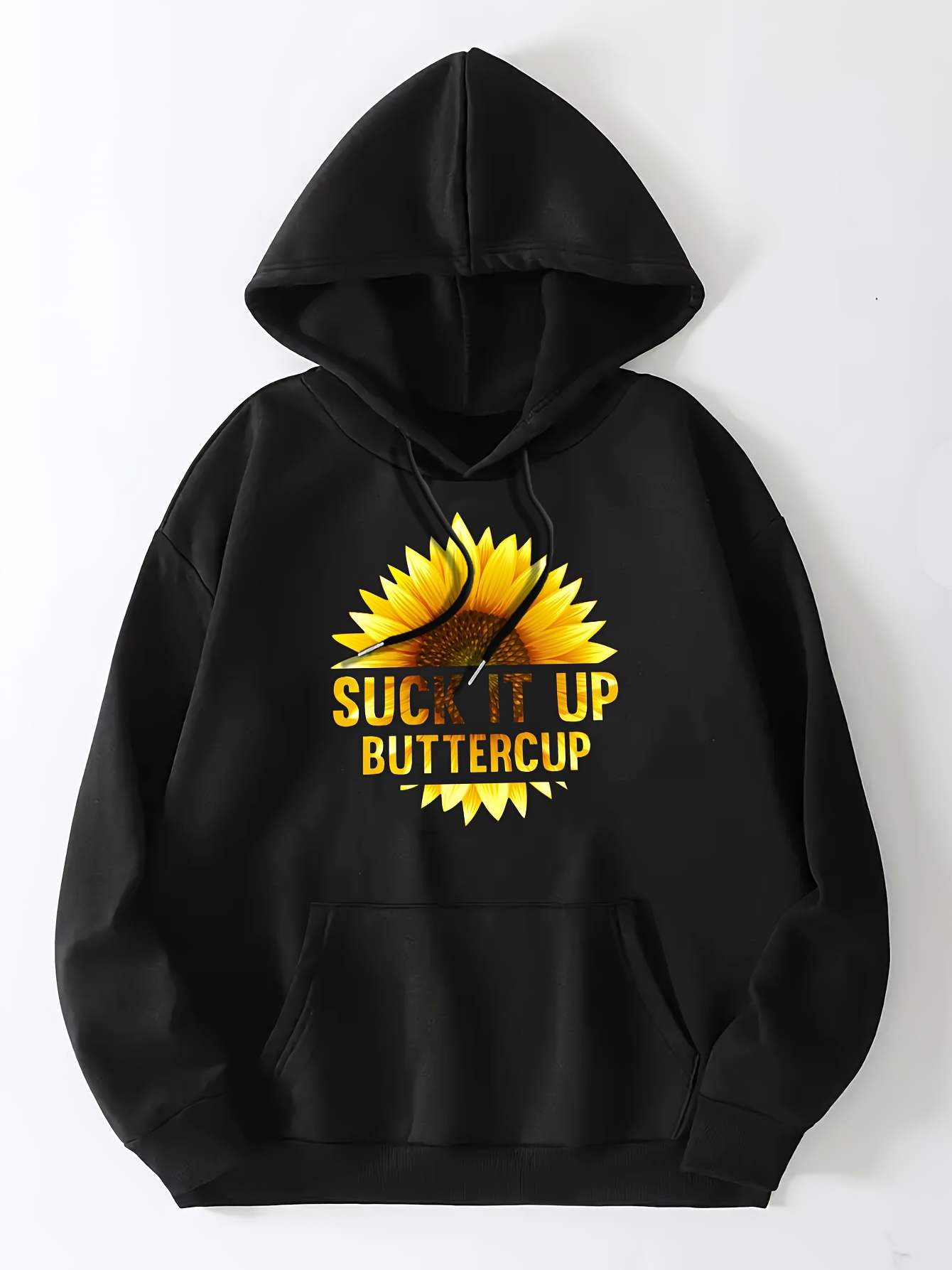 Sunflower Print Hoodie, Casual Kangaroo Pocket Long Sleeve Drop Shoulder Drawstring Hoodie For Fall & Winter, Women's Clothing