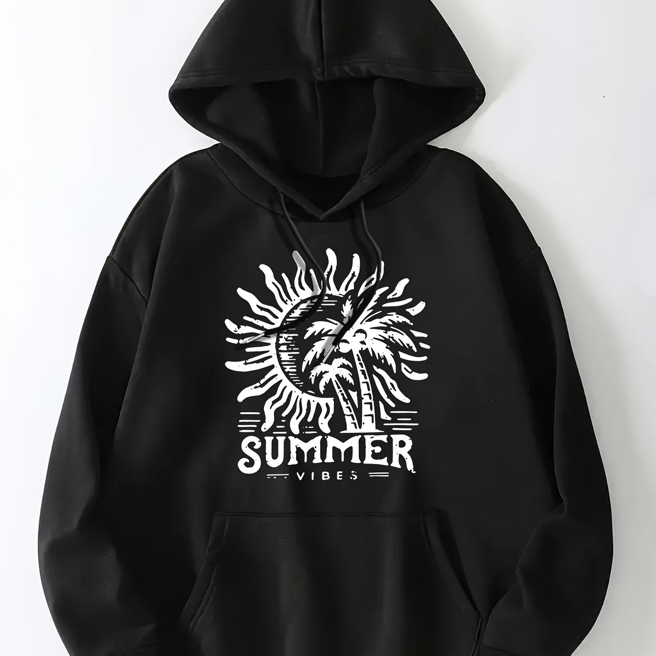 Art Letter & Sun Print Hoodie, Casual Kangaroo Pocket Long Sleeve Drop Shoulder Drawstring Hoodie For Fall & Winter, Women's Clothing