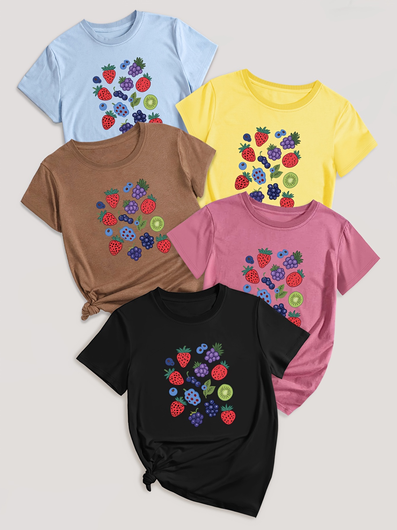 Fruit & Vegetable Print T-Shirt Set of 5 - Casual Polyester Blend Crew Neck Tees with Strawberry, Grape, Blueberry Designs - Knit Fabric, Regular Length for All Seasons