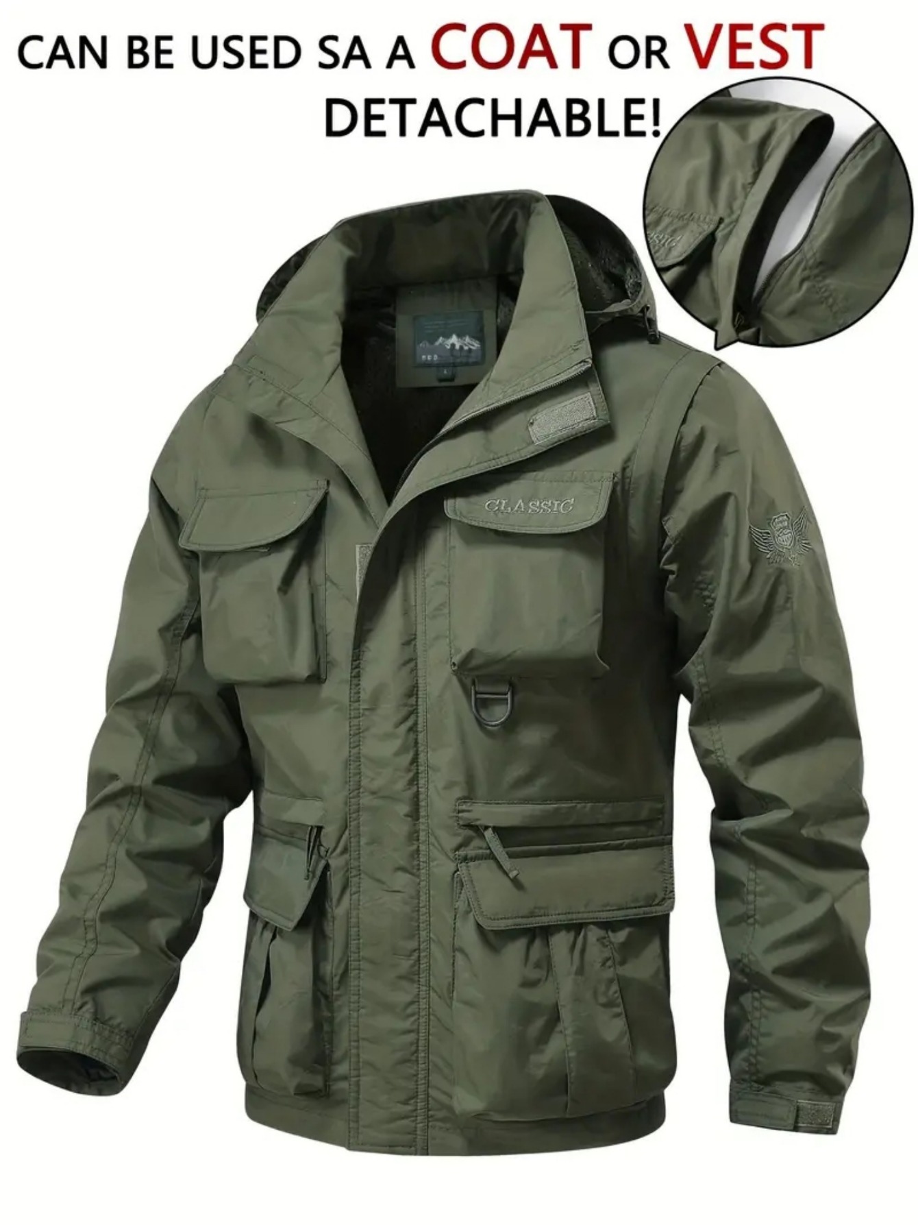 Detachable Windbreaker Hooded Jacket, Men's Casual Waterproof Multi Pocket Cargo Jacket Vest For Outdoor Activities