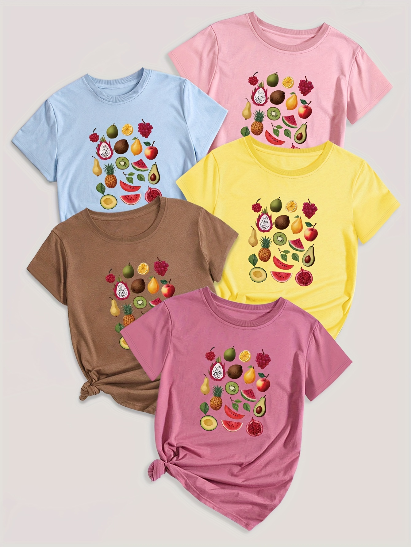 5-Pack Crew Neck T-Shirts with Cartoon Fruit & Vegetable Print - Casual Polyester Knit Fabric Tops - Regular Length, Stretchy Elastane Blend - All Season Graphic Tees