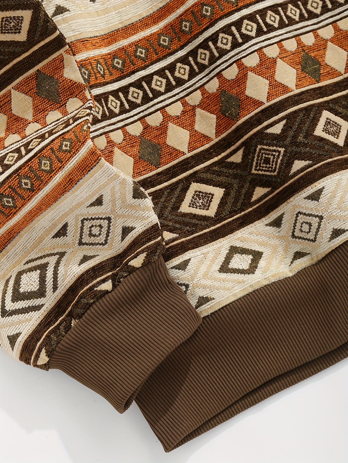 Men's Aztec Ethnic Geometric Jacquard Flocked Quarter Zip Stand Collar Fleece Pullover Sweatshirt