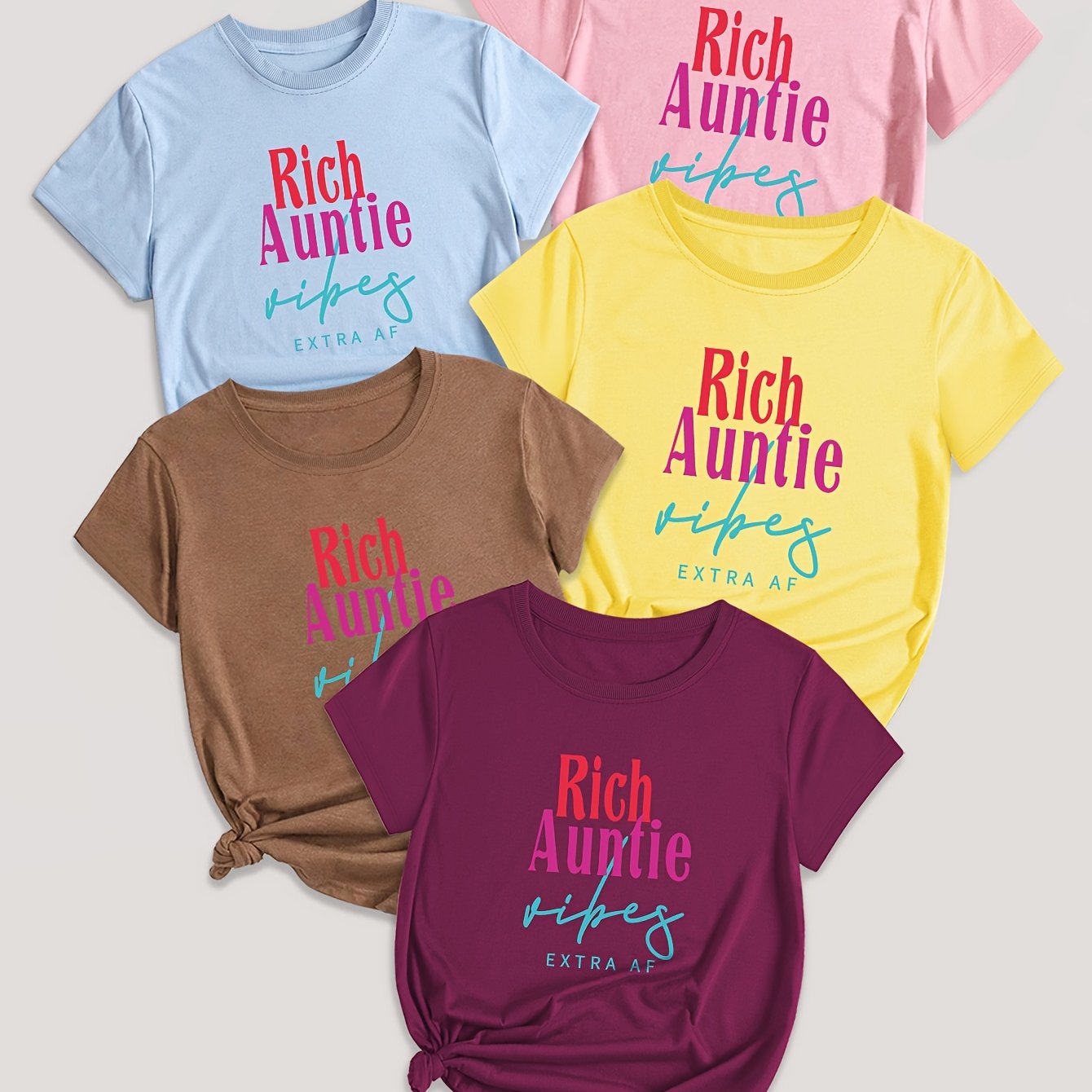 5 Pack Letter Print T-shirt, Short Sleeve Crew Neck Casual Top For Summer & Spring, Women's Clothing