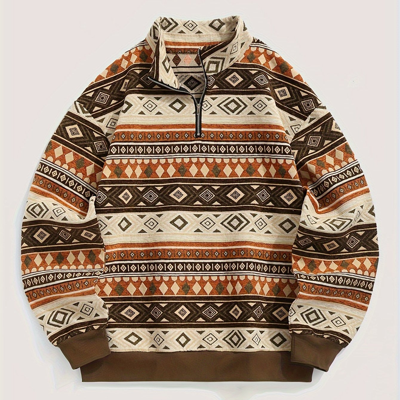 Men's Aztec Ethnic Geometric Jacquard Flocked Quarter Zip Stand Collar Fleece Pullover Sweatshirt