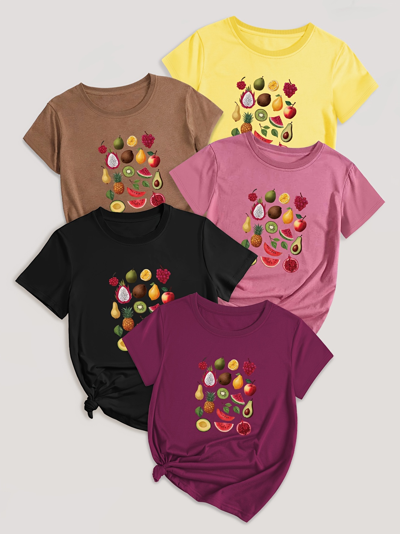 5-Pack Crew Neck T-Shirts with Cartoon Fruit & Vegetable Print - Casual Polyester Knit Fabric Tops - Regular Length, Stretchy Elastane Blend - All Season Graphic Tees