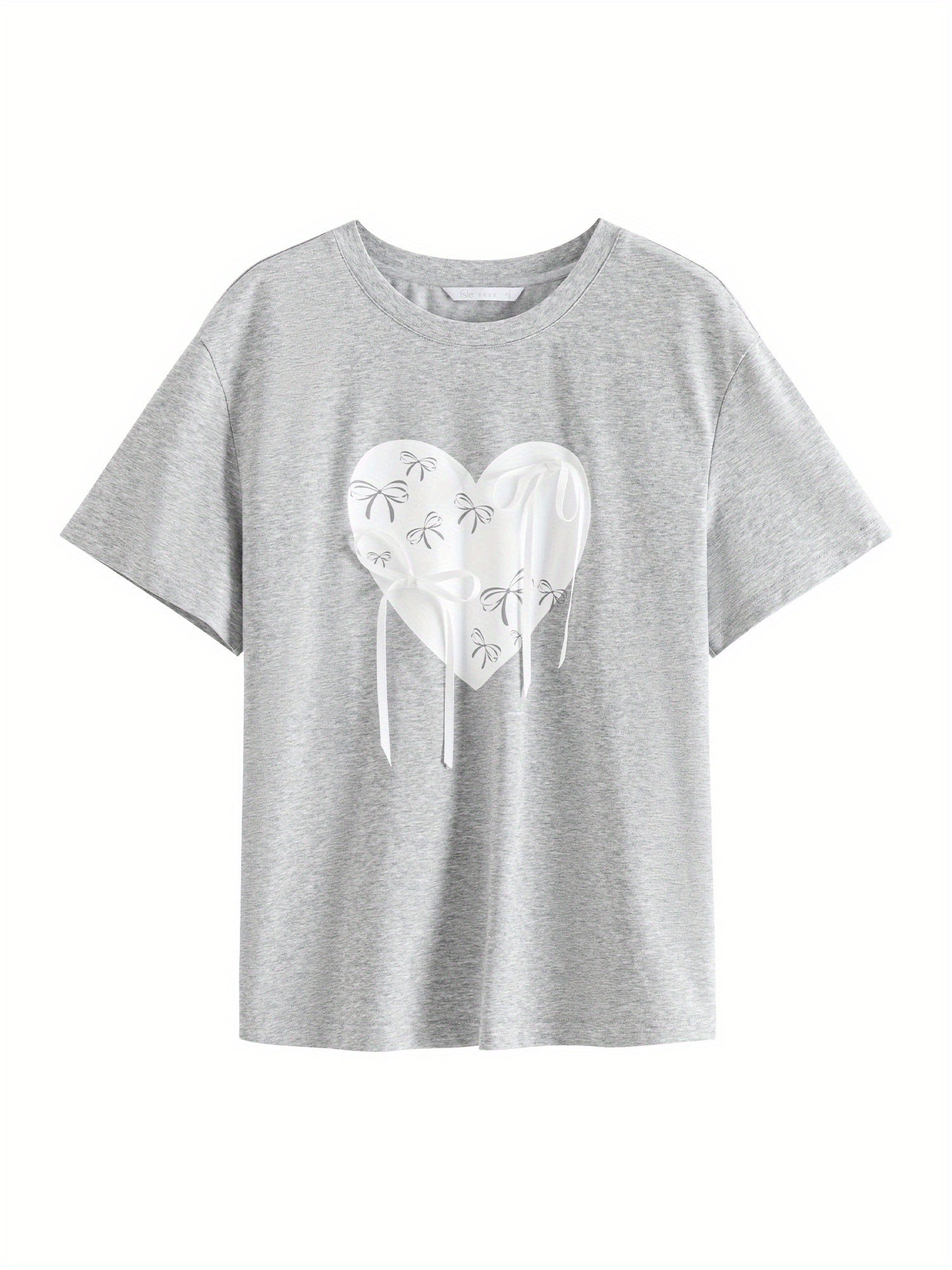 Heart Print Short Sleeve T-shirt, Casual Crew Neck Bow Decor Top For Spring & Summer, Women's Clothing