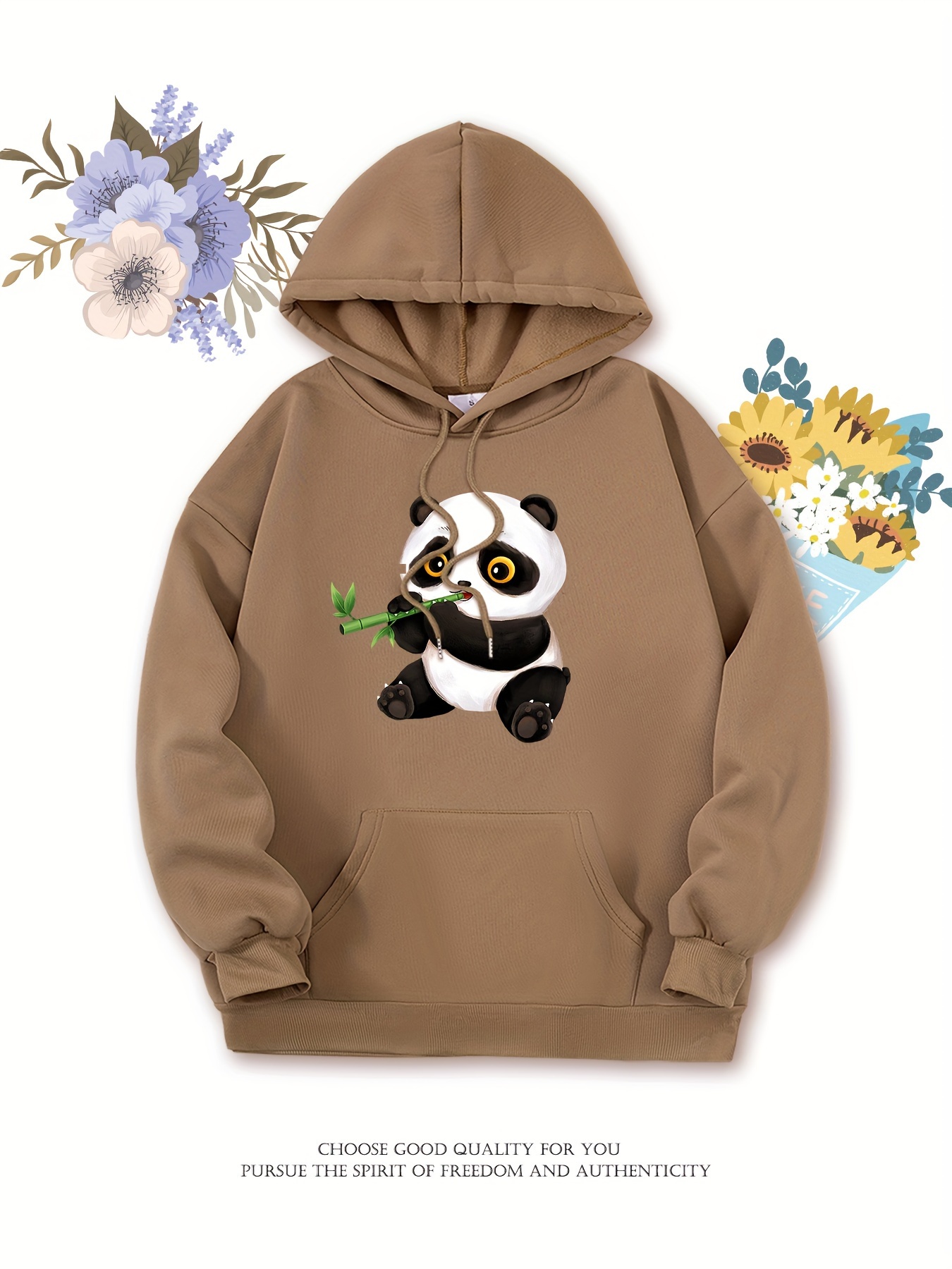 Cartoon Panda Print Drawstring Hooded Sweatshirt, Long Sleeves Kangaroo Pocket Casual Hoodie, Women's Activewear