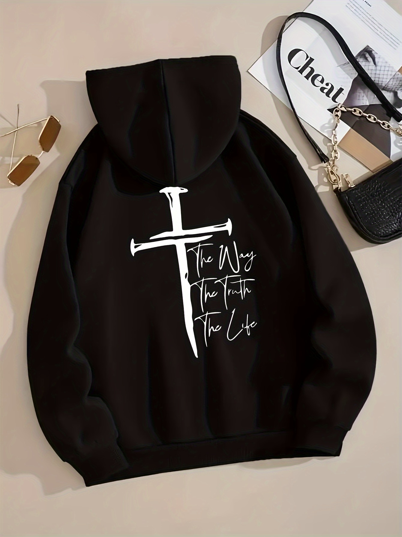 Art Letter Print Hoodie, Casual Kangaroo Pocket Long Sleeve Drop Shoulder Drawstring Hoodie For Fall & Winter, Women's Clothing