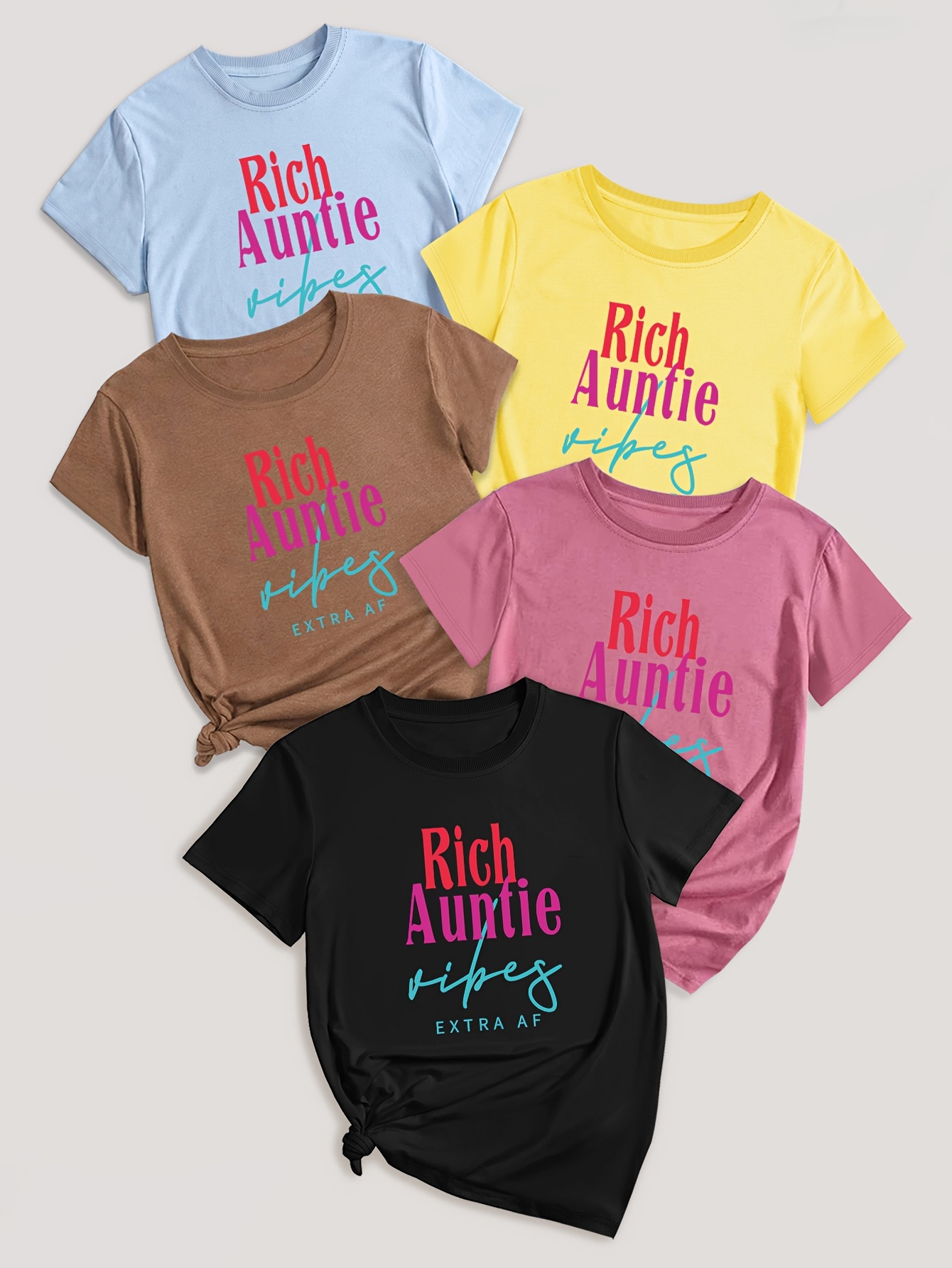 5 Pack Letter Print T-shirt, Short Sleeve Crew Neck Casual Top For Summer & Spring, Women's Clothing