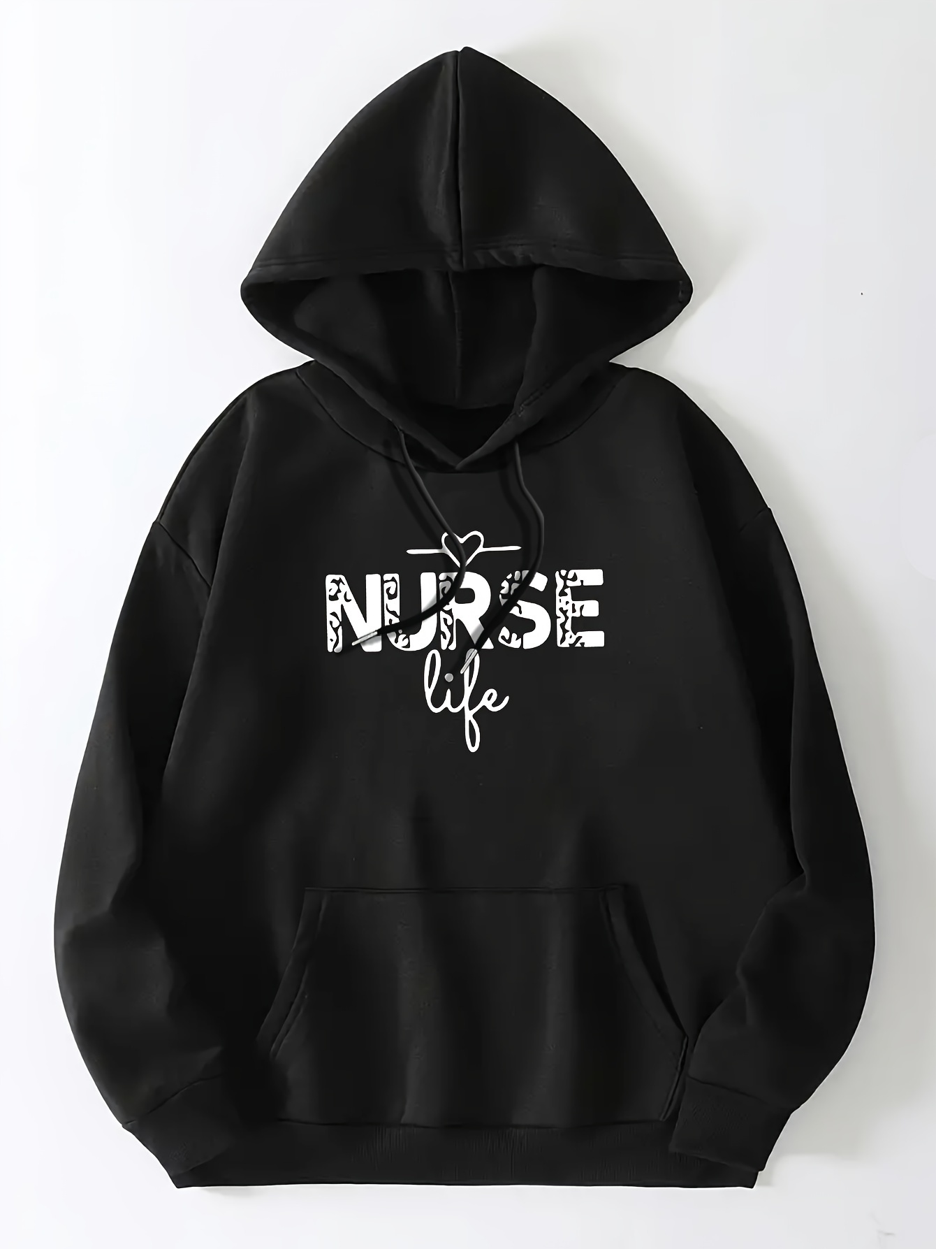 Art Letter Print Hoodie, Casual Kangaroo Pocket Long Sleeve Drop Shoulder Drawstring Hoodie For Fall & Winter, Women's Clothing