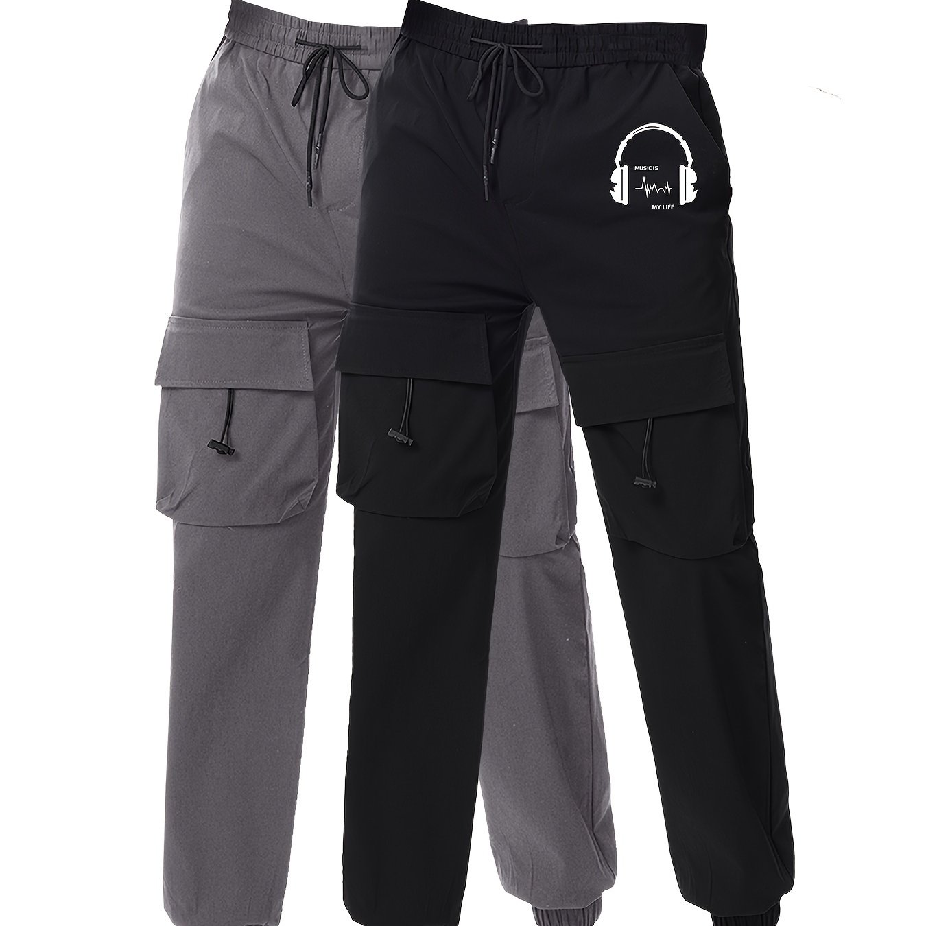 Men's Earphone Letter Print Drawstring Sweatpants, Casual Slightly Stretch Pants For All Seasons