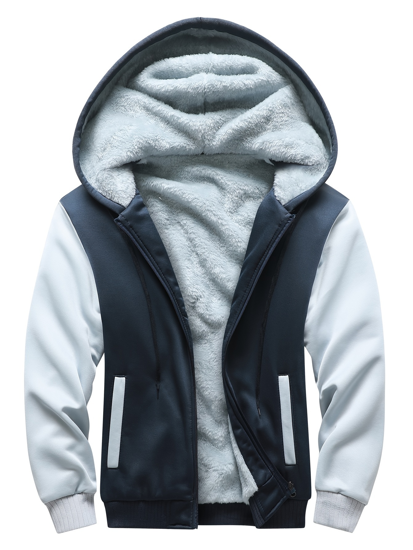 Men's Fall And Winter Fashion, Contrast Color Hooded Long Sleeve Zip Up Fleece Sweatshirt Jacket, Warm And Comfy Hoodie For Outdoors And Sports Wear