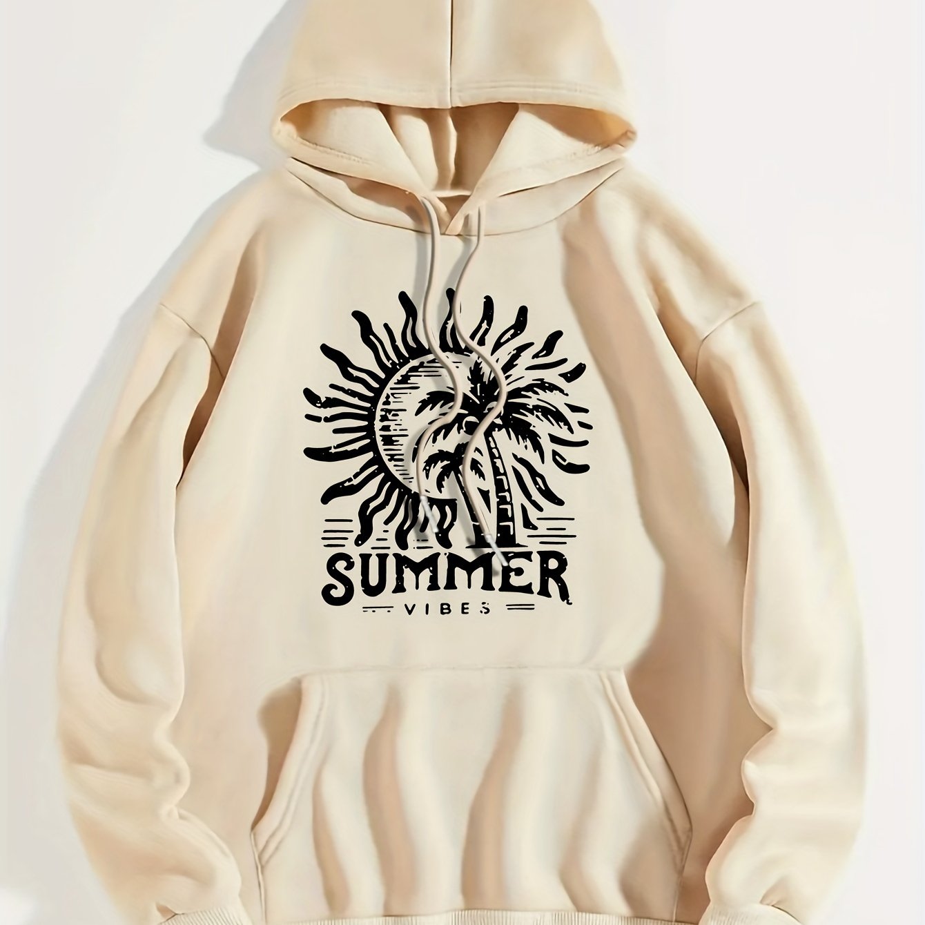 Art Letter & Sun Print Hoodie, Casual Kangaroo Pocket Long Sleeve Drop Shoulder Drawstring Hoodie For Fall & Winter, Women's Clothing