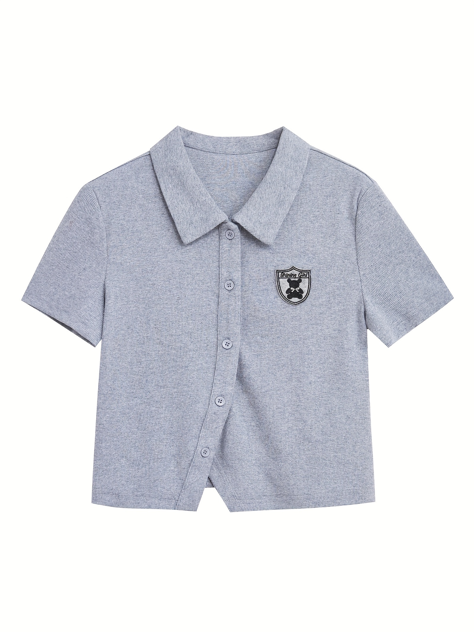 Button Front Patch Collar T-Shirt, Casual Short Sleeve Crop Top For Spring & Summer, Women's Clothing