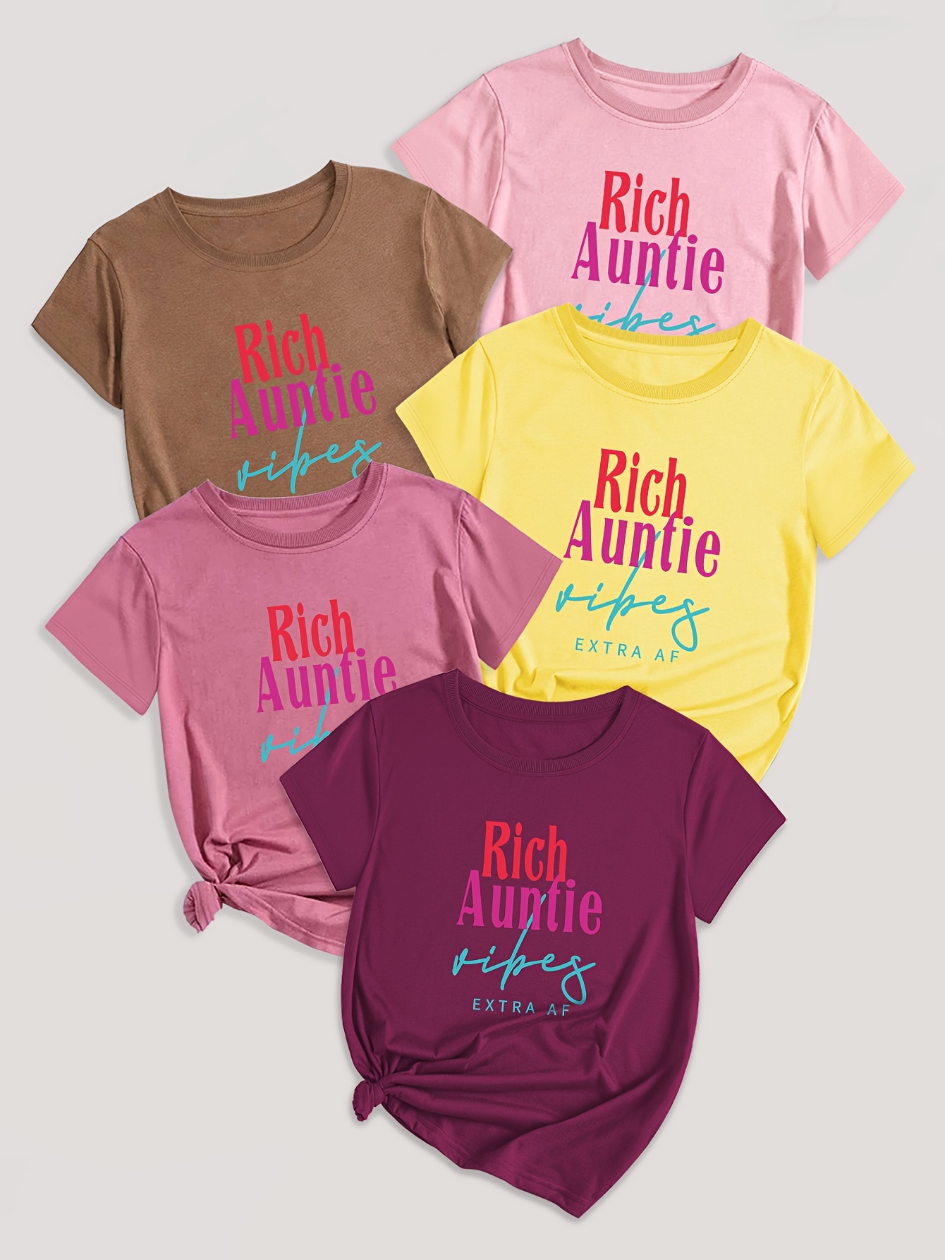 5 Pack Letter Print T-shirt, Short Sleeve Crew Neck Casual Top For Summer & Spring, Women's Clothing