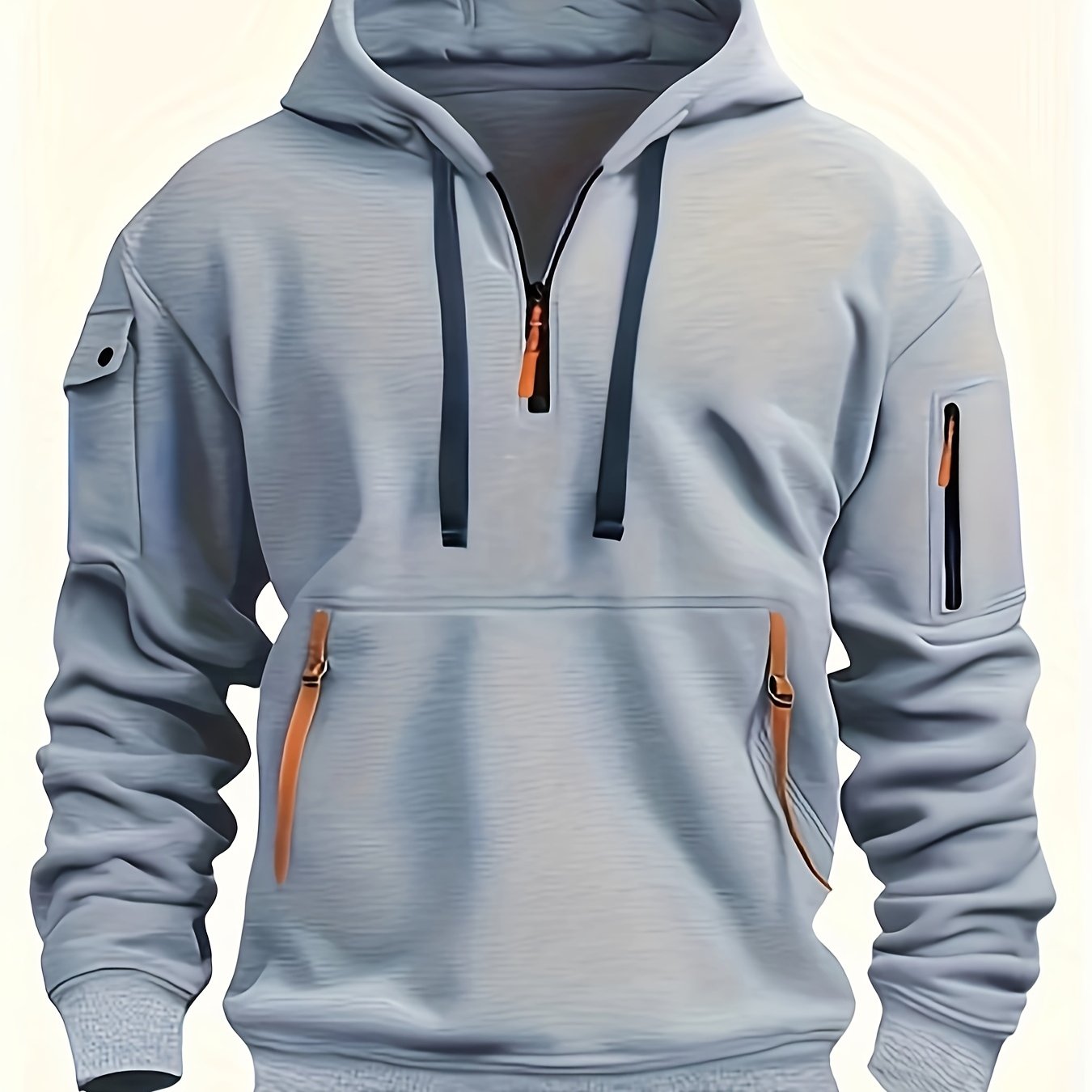 Men's Quarter-Zip Hoodie With Pockets, Men's Spring And Autumn Fashionable Pullover