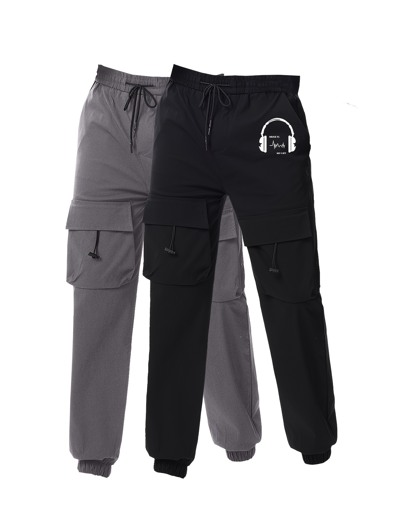 Men's Earphone Letter Print Drawstring Sweatpants, Casual Slightly Stretch Pants For All Seasons
