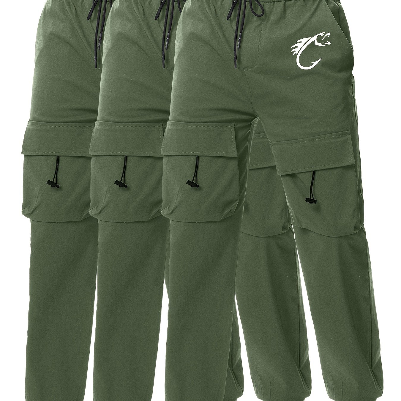 Fish Hook Pattern Print Men's Multi Pocket Drawstring Cargo Pants, Comfy Casual Cuffed Joggers Pants For Spring Summer Outdoor Fitness Holiday As Gifts