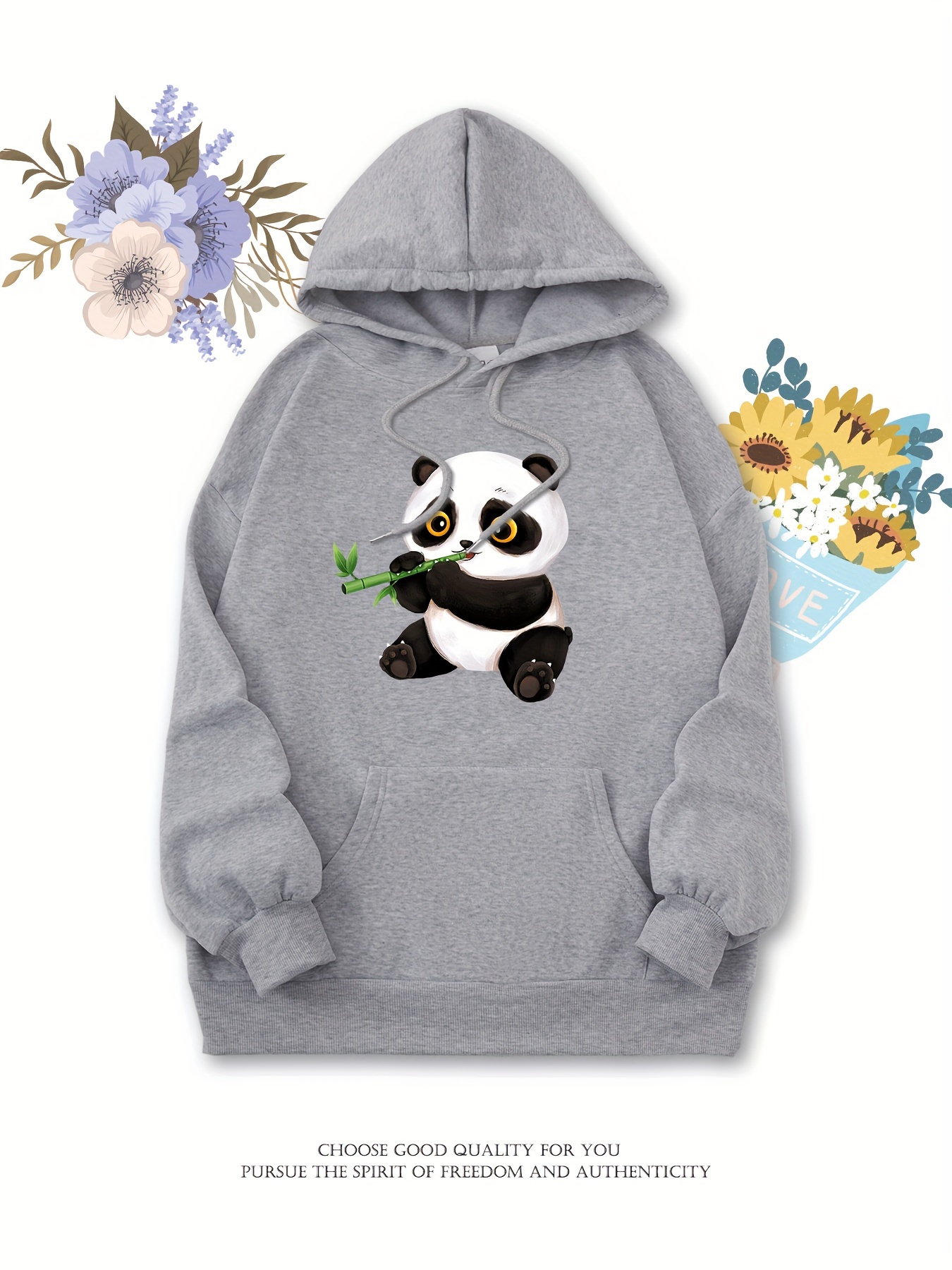 Cartoon Panda Print Drawstring Hooded Sweatshirt, Long Sleeves Kangaroo Pocket Casual Hoodie, Women's Activewear
