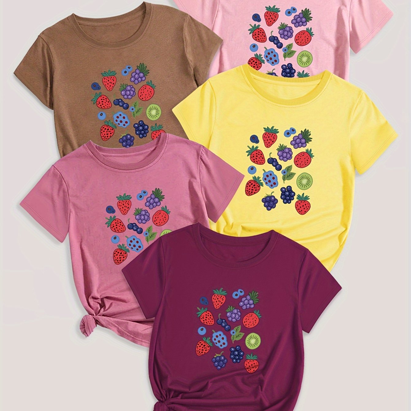Fruit & Vegetable Print T-Shirt Set of 5 - Casual Polyester Blend Crew Neck Tees with Strawberry, Grape, Blueberry Designs - Knit Fabric, Regular Length for All Seasons
