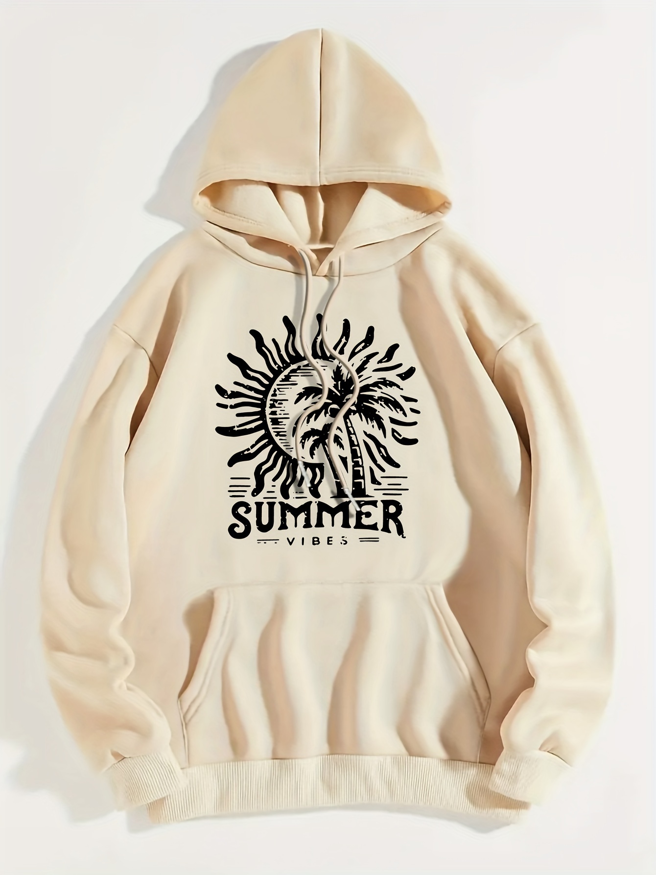 Art Letter & Sun Print Hoodie, Casual Kangaroo Pocket Long Sleeve Drop Shoulder Drawstring Hoodie For Fall & Winter, Women's Clothing