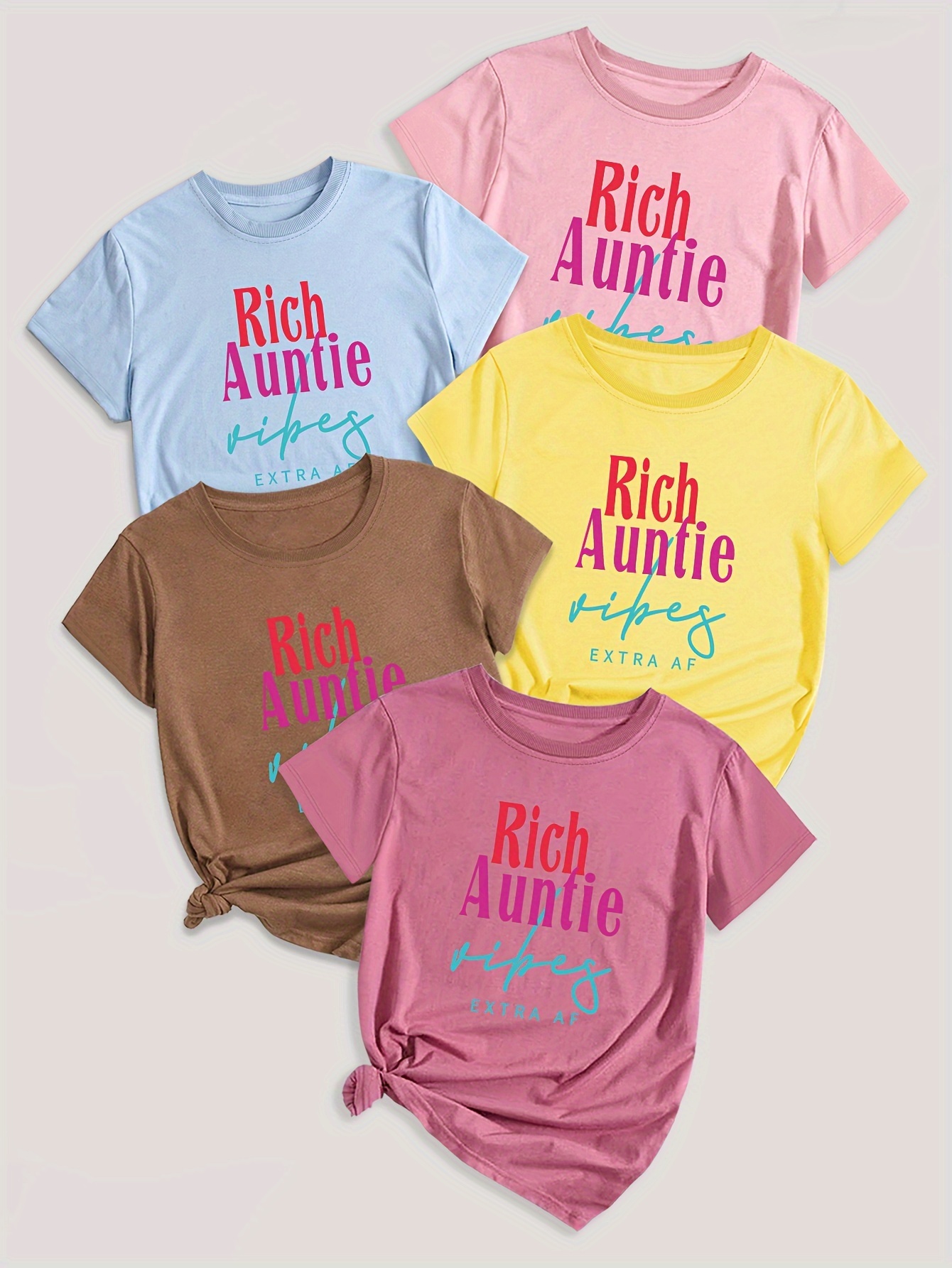 5 Pack Letter Print T-shirt, Short Sleeve Crew Neck Casual Top For Summer & Spring, Women's Clothing