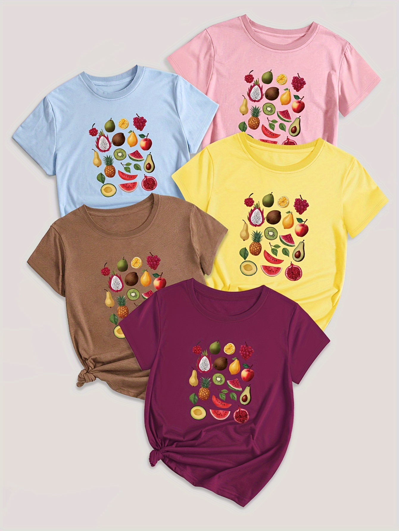 5-Pack Crew Neck T-Shirts with Cartoon Fruit & Vegetable Print - Casual Polyester Knit Fabric Tops - Regular Length, Stretchy Elastane Blend - All Season Graphic Tees