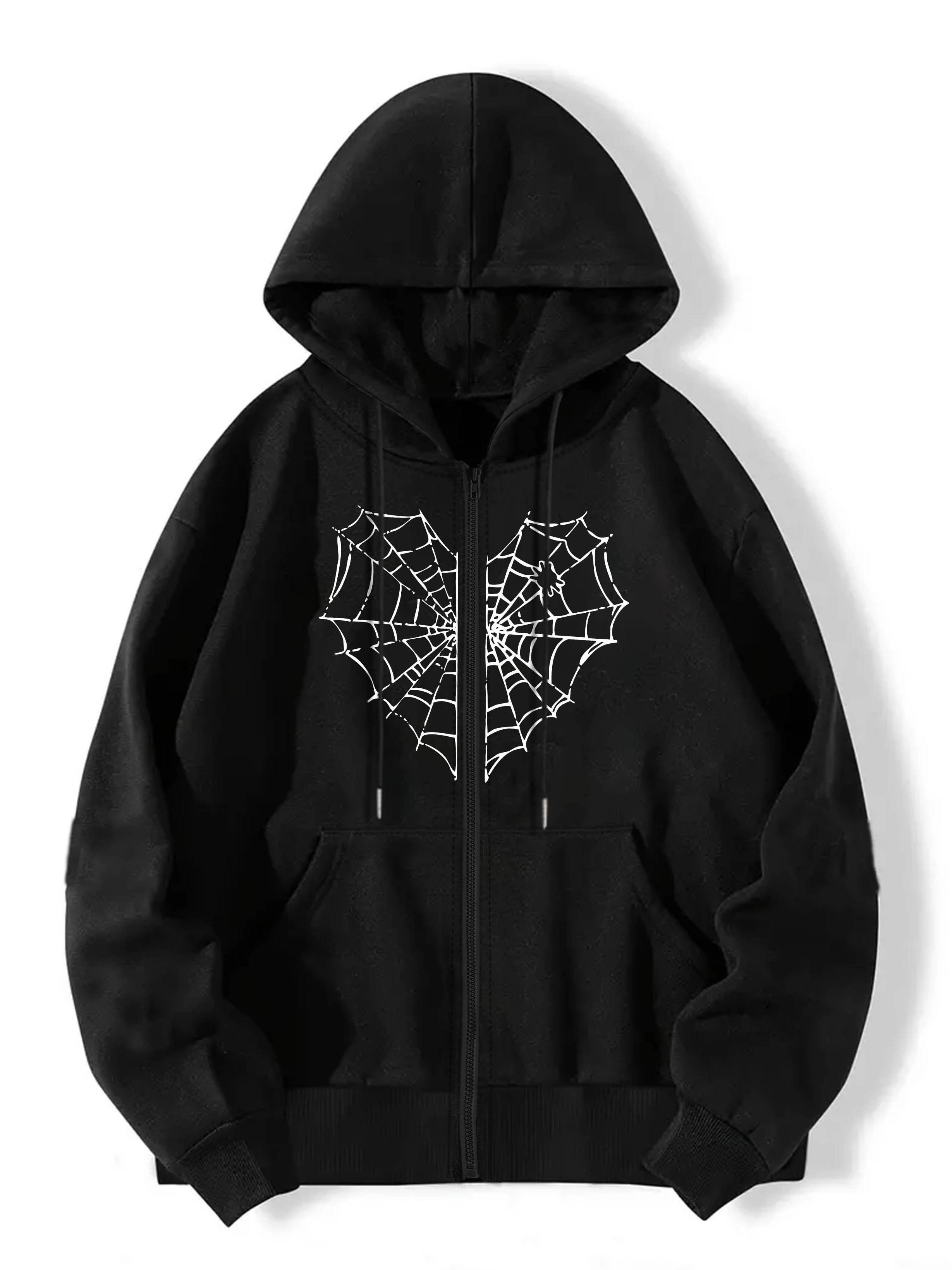 Halloween Spider Net Heart Print Fleece Hooded Sweatshirt - Active Sweatshirts with Zip Up Drawstring, Long Sleeve, Sporty Design, Women's Fashion Halloween Apparel, Casual Sports Jacket for Outdoor Activities