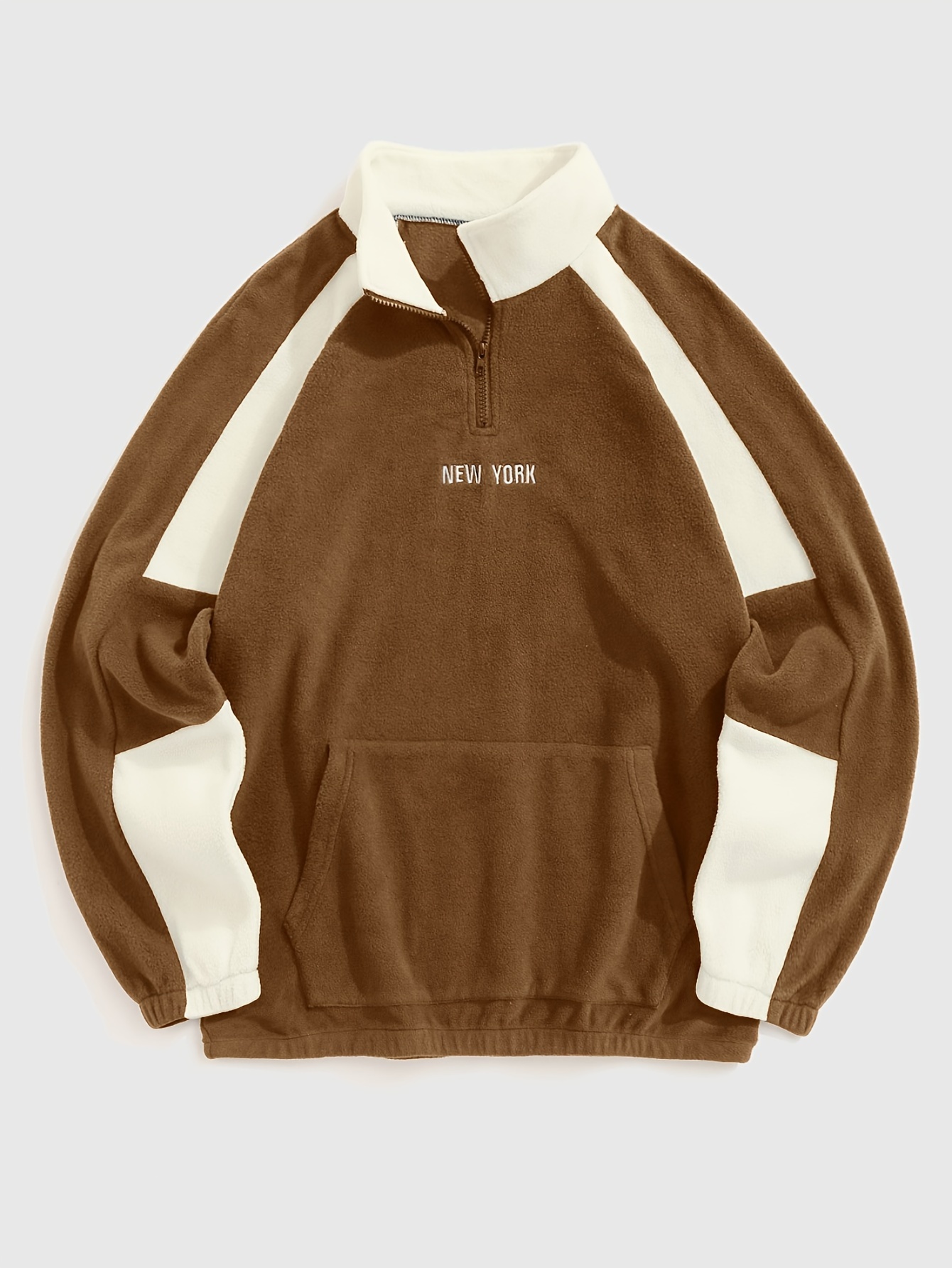 Men's Colour Block Embroidered Quarter Zip Kangaroo Pocket Polar Shaker Stand Collar Pullover Sweatshirt