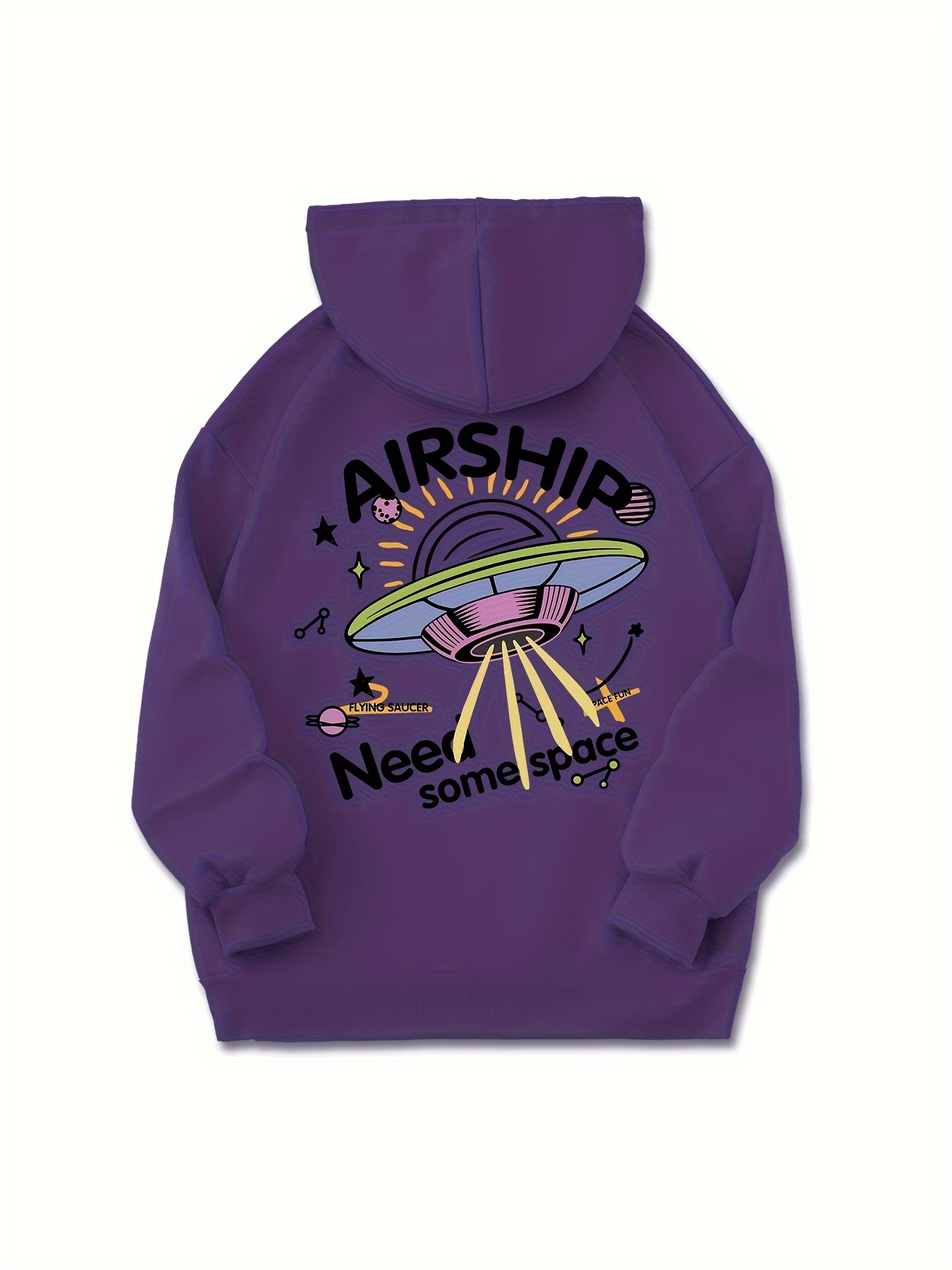 Airship Pattern Casual Hooded Sweatshirt, Long Sleeves Kangaroo Pocket Drawstring Hoodie, Women's Clothing
