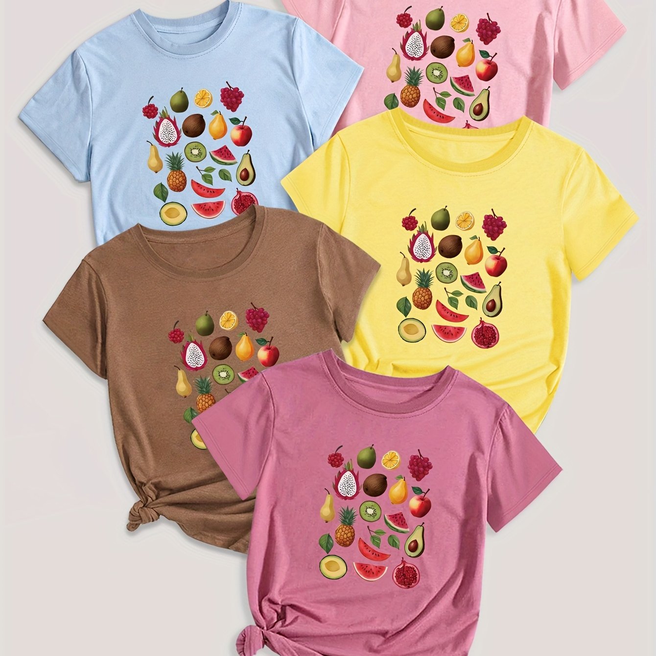 5-Pack Crew Neck T-Shirts with Cartoon Fruit & Vegetable Print - Casual Polyester Knit Fabric Tops - Regular Length, Stretchy Elastane Blend - All Season Graphic Tees