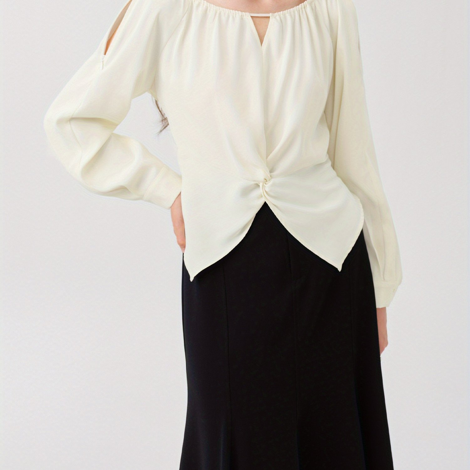 Twist Front Long Sleeve T-shirt, Casual Solid Color Crew Neck Hollow Top For Fall, Women's Clothing