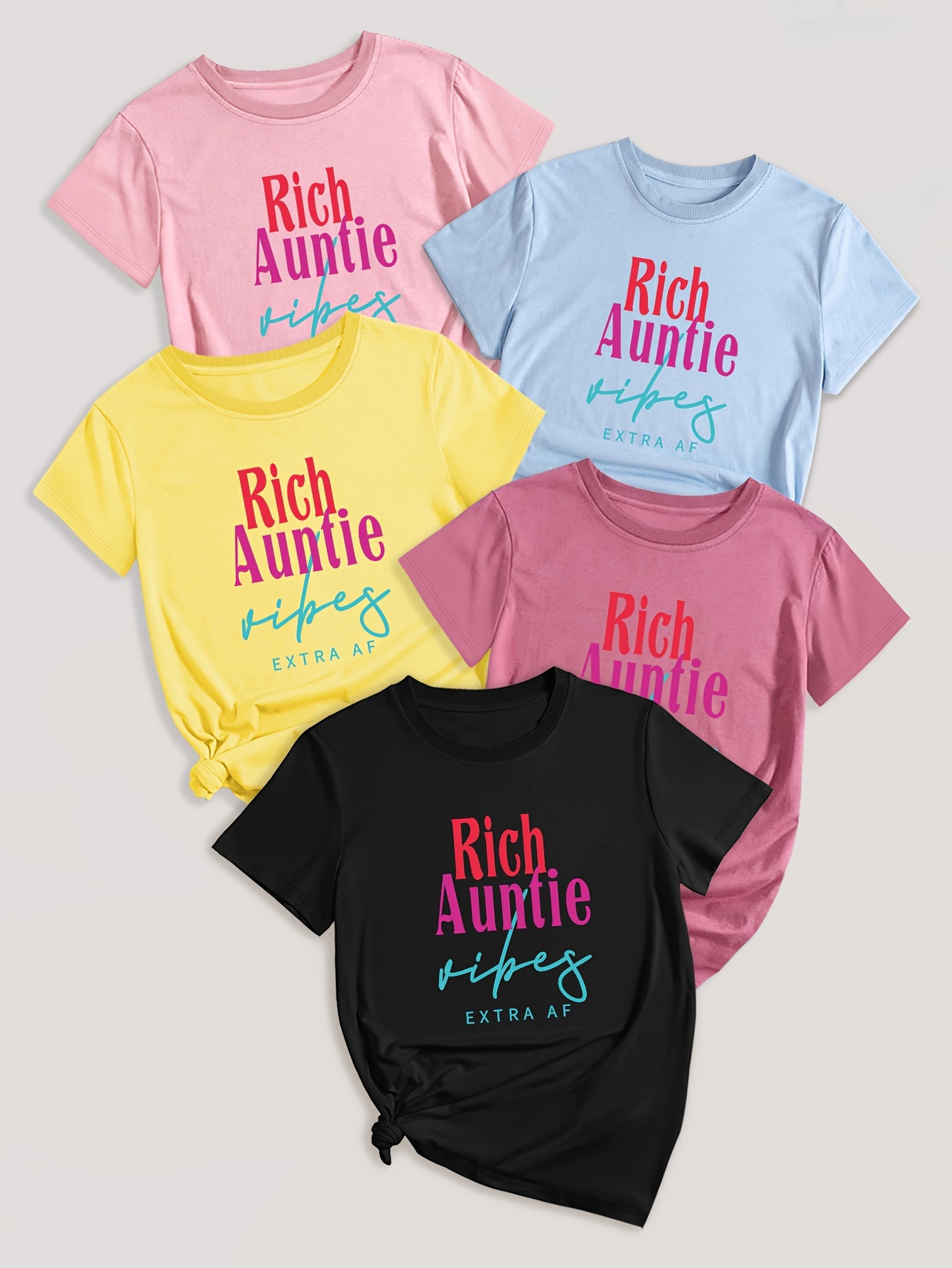 5 Pack Letter Print T-shirt, Short Sleeve Crew Neck Casual Top For Summer & Spring, Women's Clothing