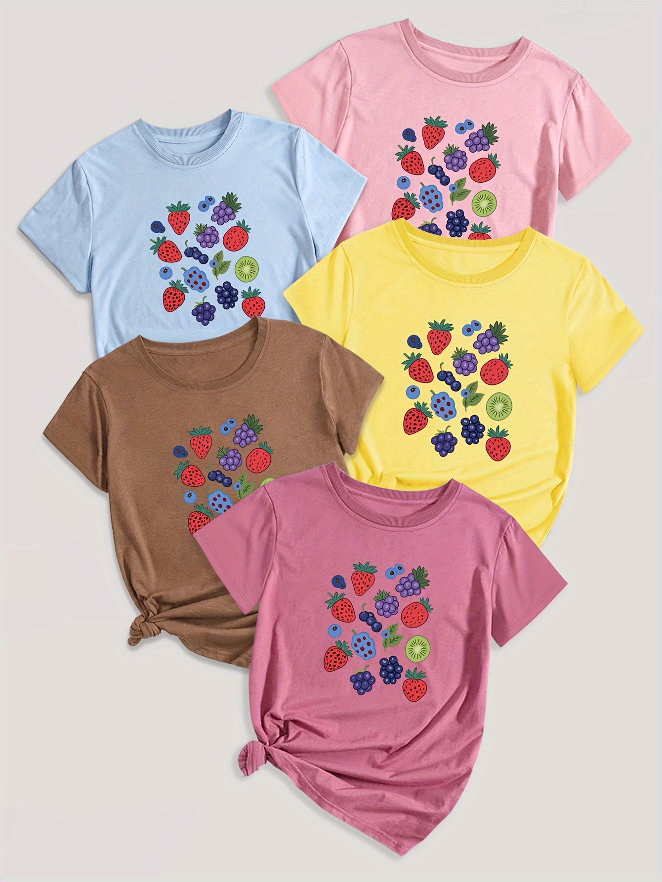 Fruit & Vegetable Print T-Shirt Set of 5 - Casual Polyester Blend Crew Neck Tees with Strawberry, Grape, Blueberry Designs - Knit Fabric, Regular Length for All Seasons