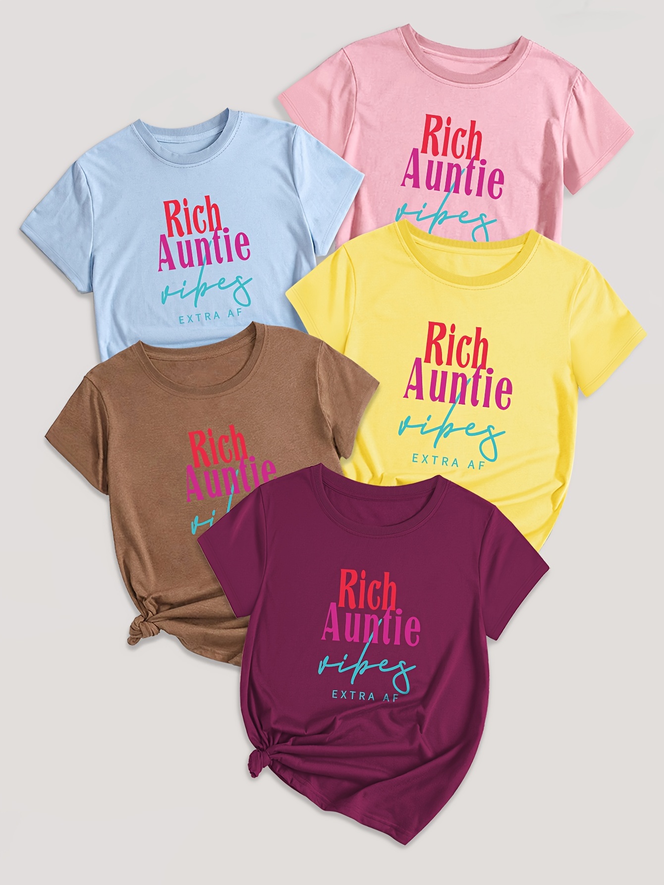 5 Pack Letter Print T-shirt, Short Sleeve Crew Neck Casual Top For Summer & Spring, Women's Clothing