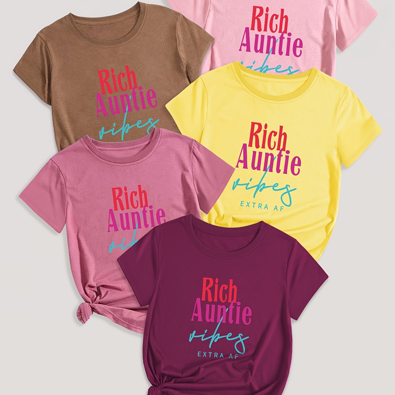 5 Pack Letter Print T-shirt, Short Sleeve Crew Neck Casual Top For Summer & Spring, Women's Clothing