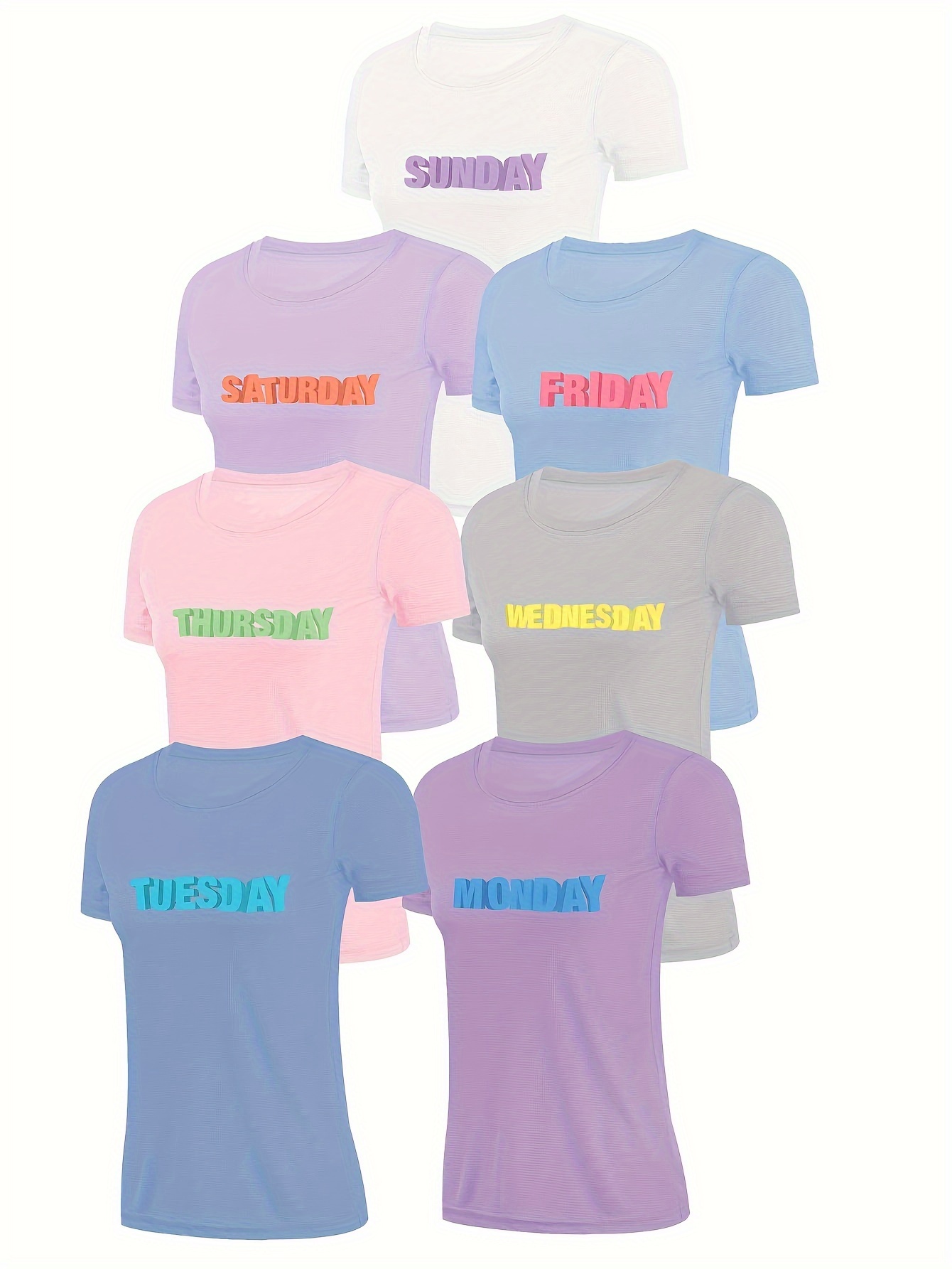 7 Pack Letter Print Crew Neck T-Shirt, Casual Short Sleeve T-Shirt For Spring & Summer, Women's Clothing