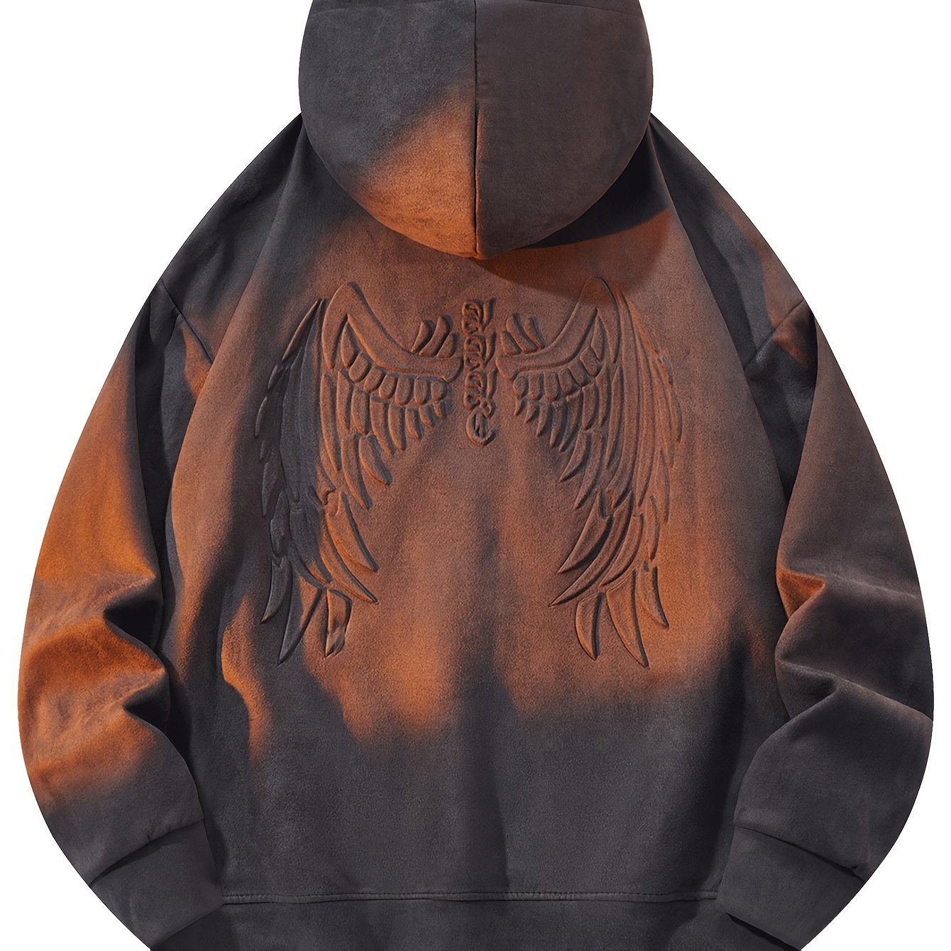 Men's Autumn And Winter Wings Pattern Letter Print Suede Hooded Long Sleeve Sweatshirt With A Kangaroo Pocket, Chic And Trendy Hoodie For Street Wear