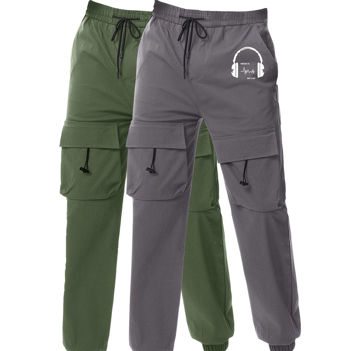 Men's Earphone Letter Print Drawstring Sweatpants, Casual Slightly Stretch Pants For All Seasons