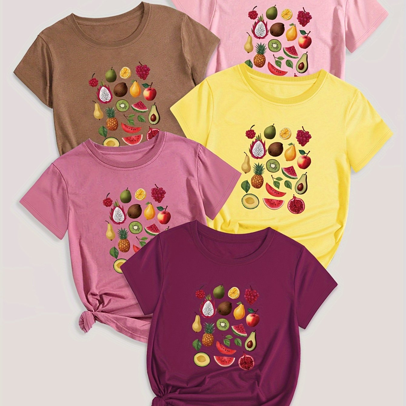 5-Pack Crew Neck T-Shirts with Cartoon Fruit & Vegetable Print - Casual Polyester Knit Fabric Tops - Regular Length, Stretchy Elastane Blend - All Season Graphic Tees