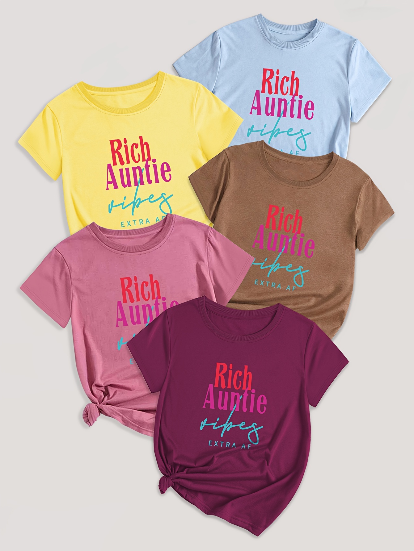 5 Pack Letter Print T-shirt, Short Sleeve Crew Neck Casual Top For Summer & Spring, Women's Clothing