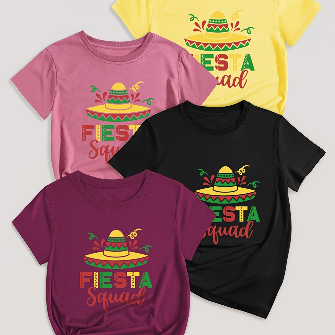 Letter Print T-shirt 4 Pack, Short Sleeve Crew Neck Casual Top For Summer & Spring, Women's Clothing