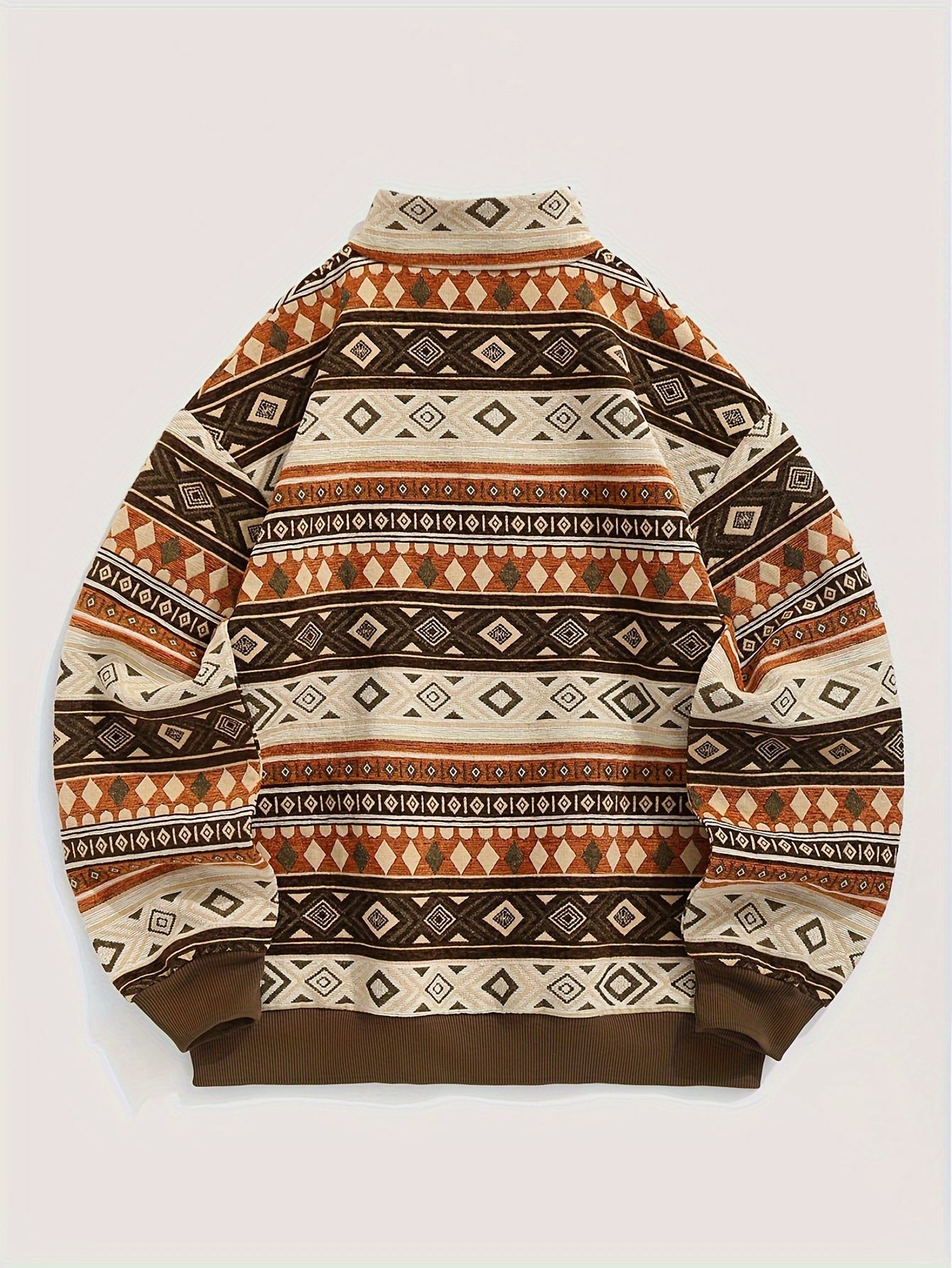 Men's Aztec Ethnic Geometric Jacquard Flocked Quarter Zip Stand Collar Fleece Pullover Sweatshirt
