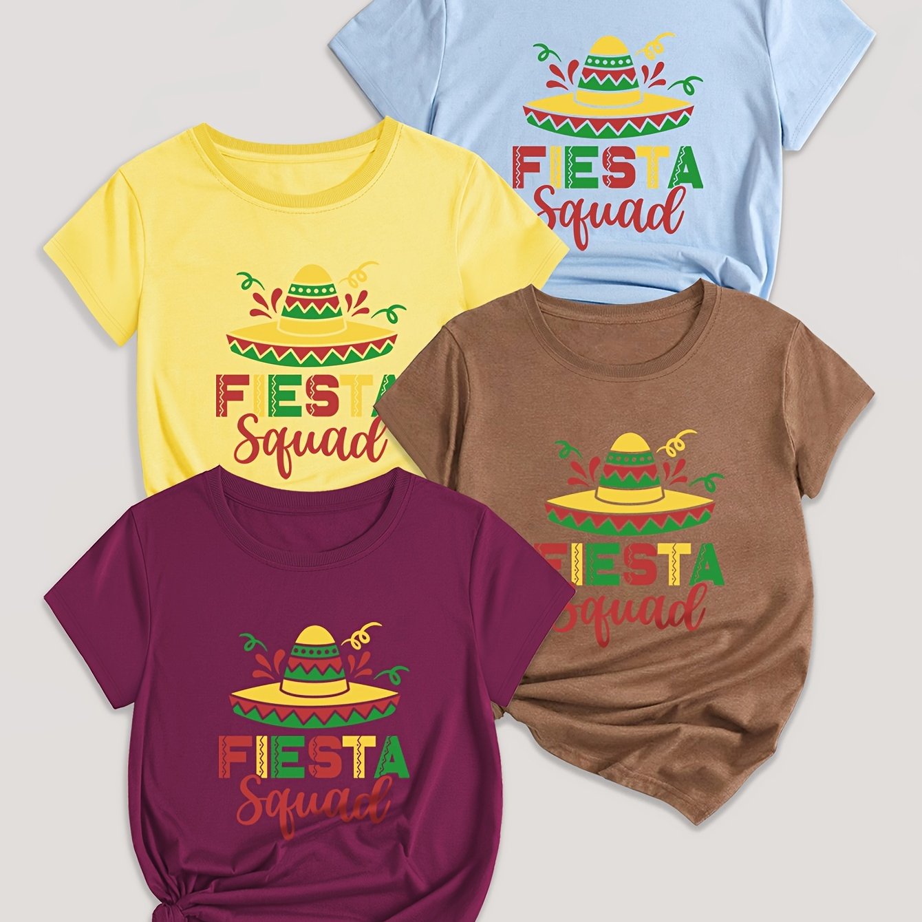 Letter Print T-shirt 4 Pack, Short Sleeve Crew Neck Casual Top For Summer & Spring, Women's Clothing