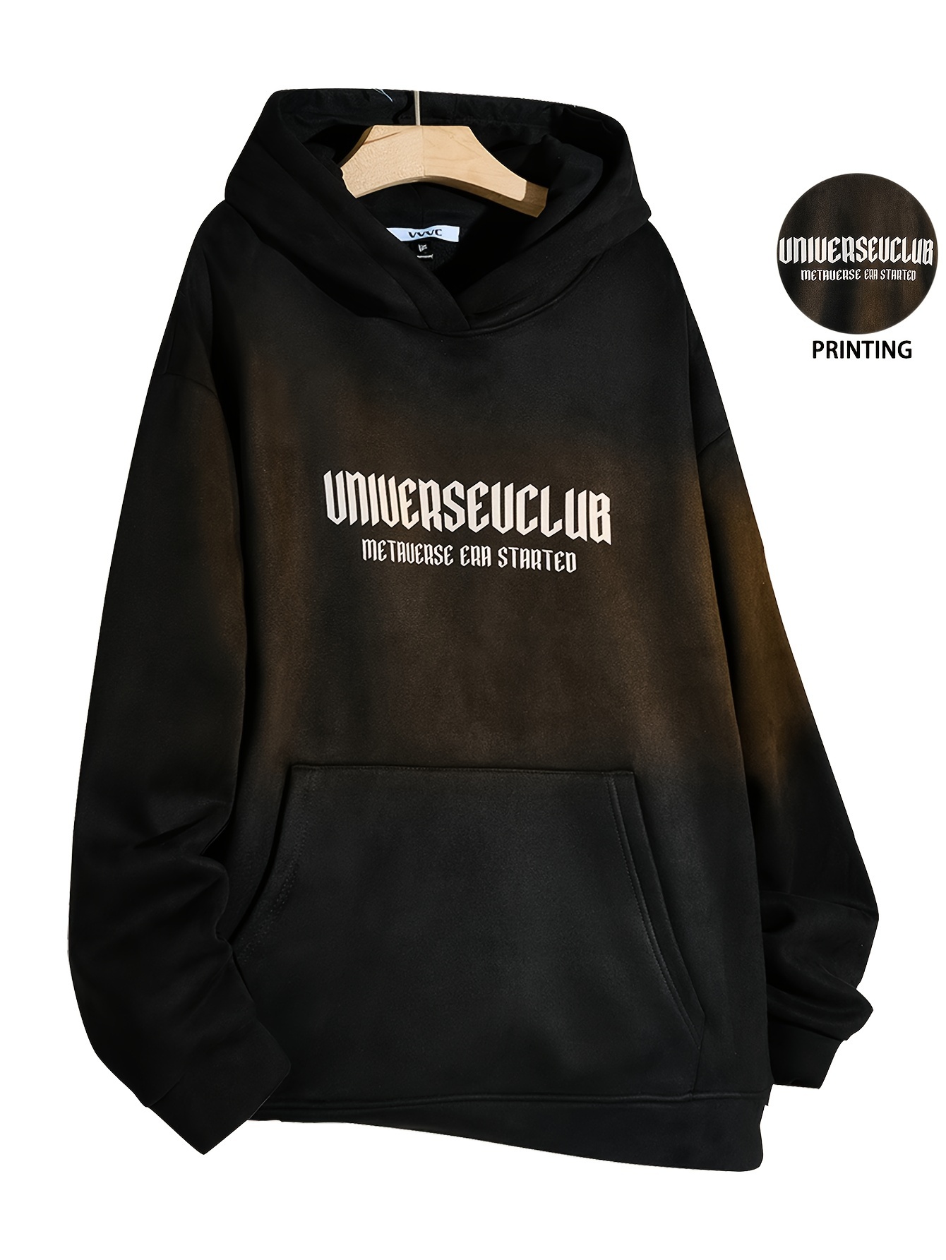 Men's Autumn And Winter Wings Pattern Letter Print Suede Hooded Long Sleeve Sweatshirt With A Kangaroo Pocket, Chic And Trendy Hoodie For Street Wear